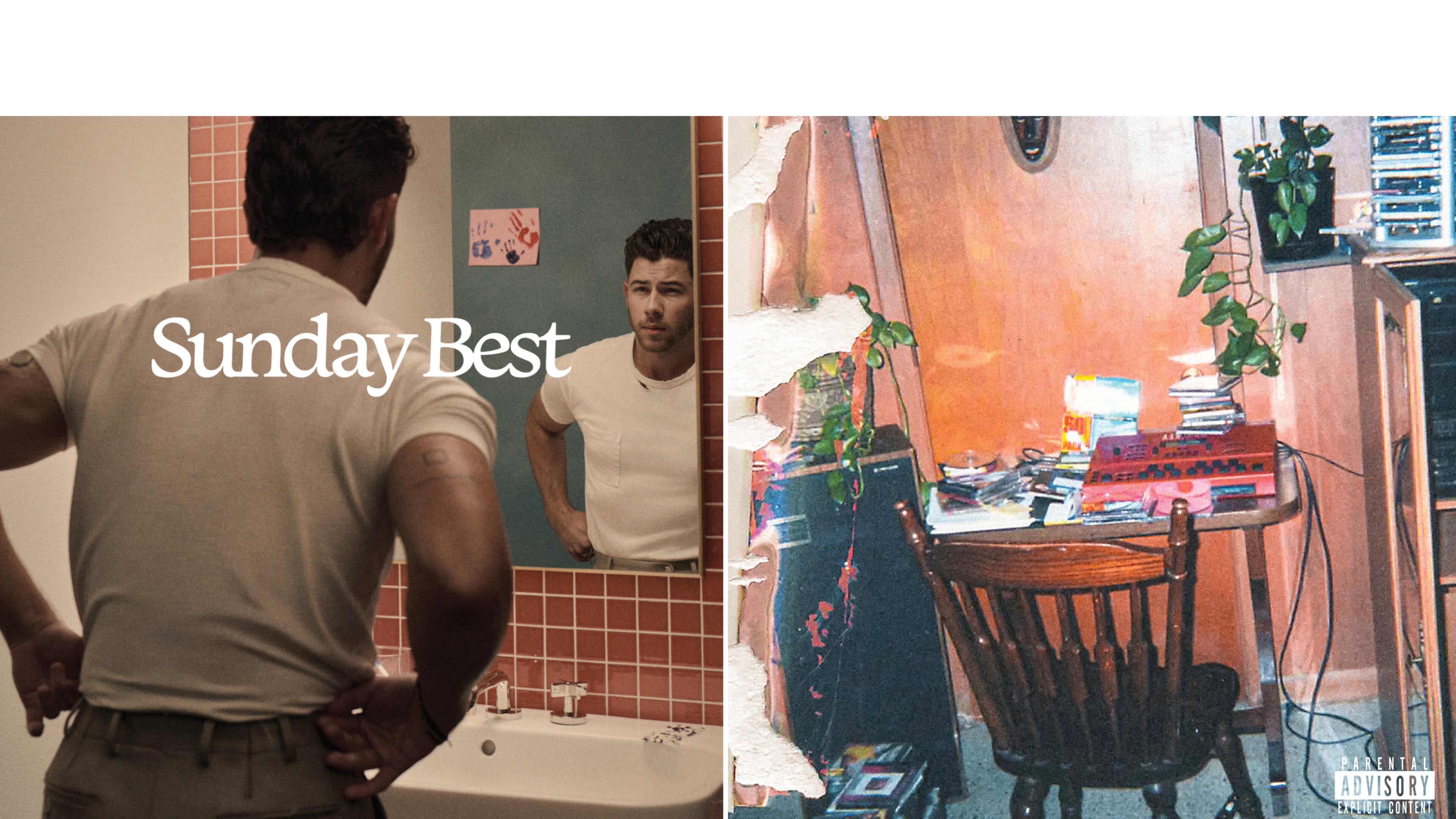 This combination of album covers shows "Sunday Best" by Nick Jonas, left, and "The Fall-Off" by J. Cole. (Republic Records/ via AP, left, and Cole World Inc./Interscope via AP)