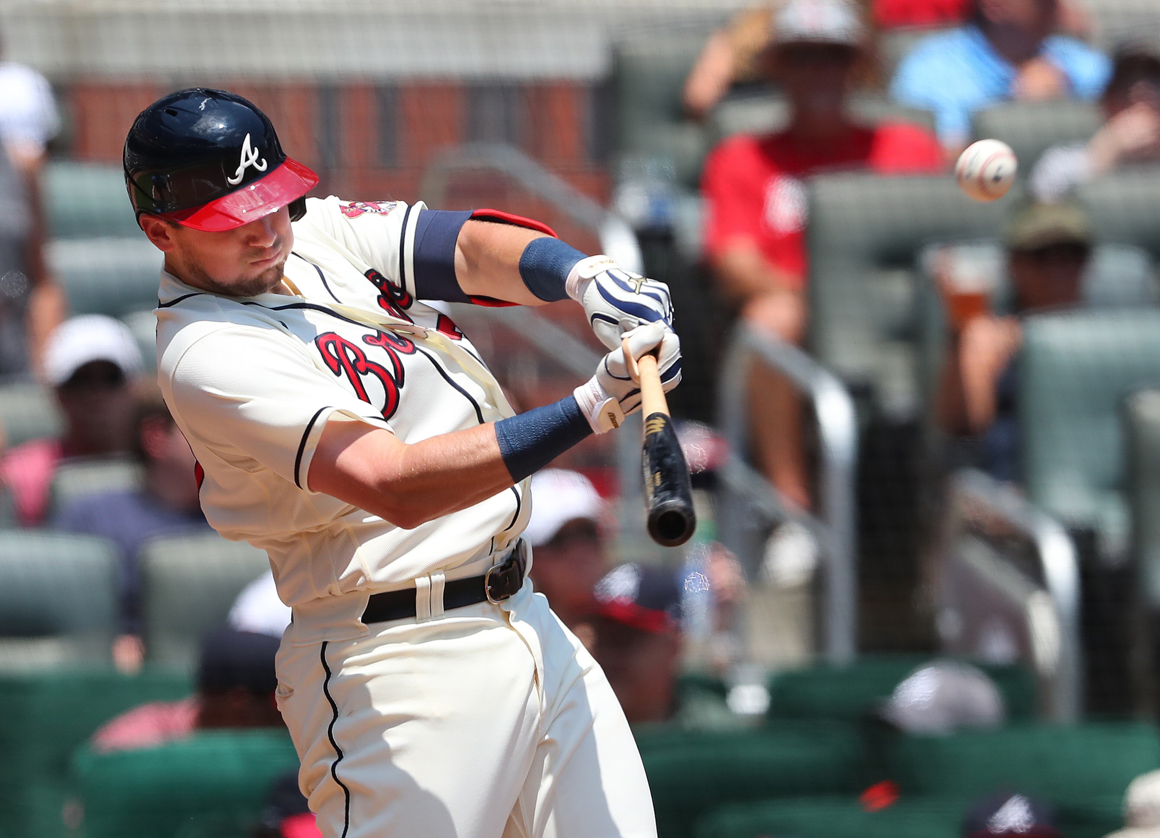 Atlanta Braves third baseman Austin Riley hits his second home run against the Pittsburgh Pirates during the third inning Sunday, May 23, 2021, at Truist Park in Atlanta. (Curtis Compton / Curtis.Compton@ajc.com)