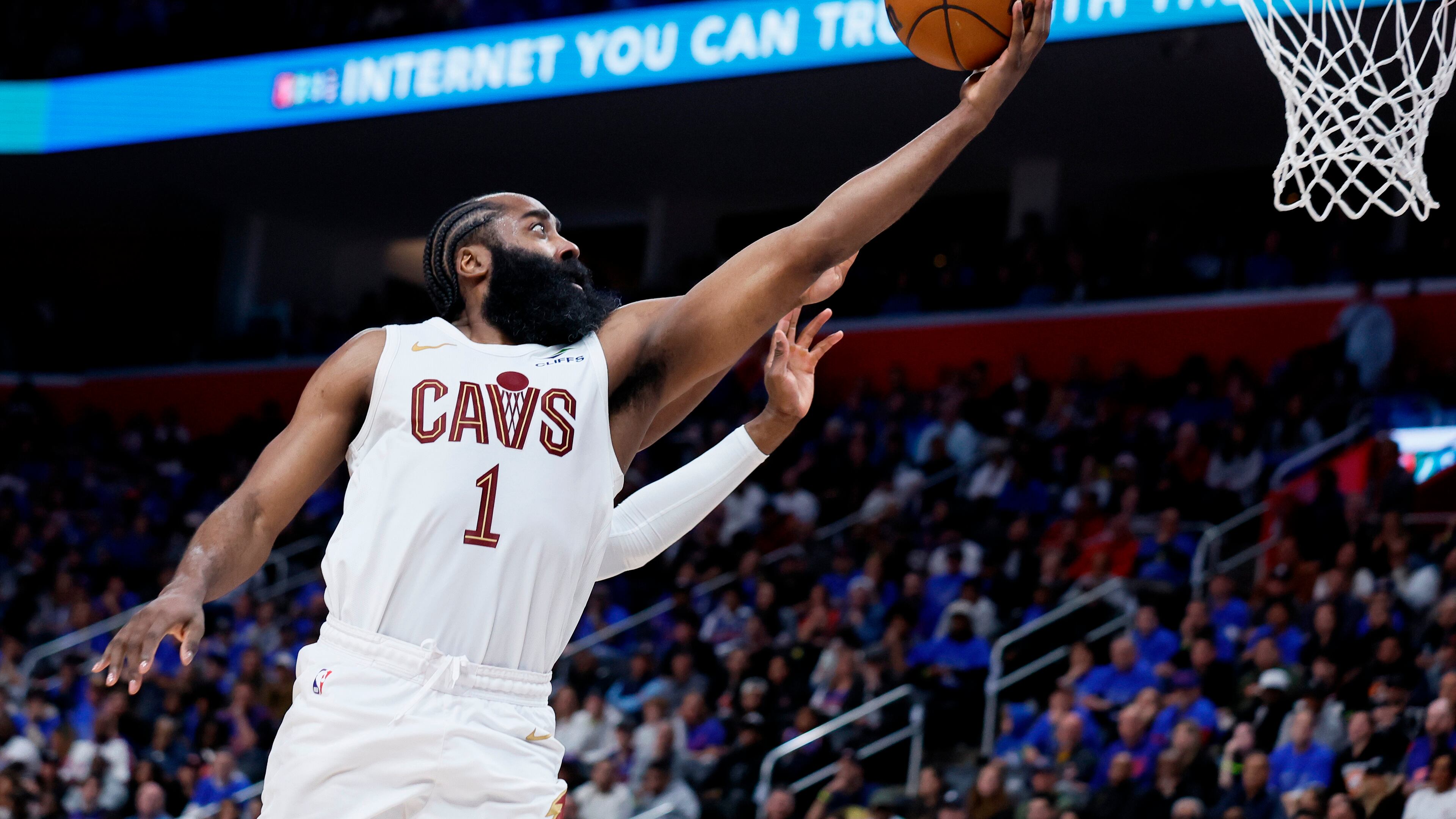 Cleveland Cavaliers guard James Harden goes to the basket against the Detroit Pistons during the second half in Game 5 of a second-round NBA playoffs basketball series, Wednesday, May 13, 2026, in Detroit. (AP Photo/Duane Burleson)