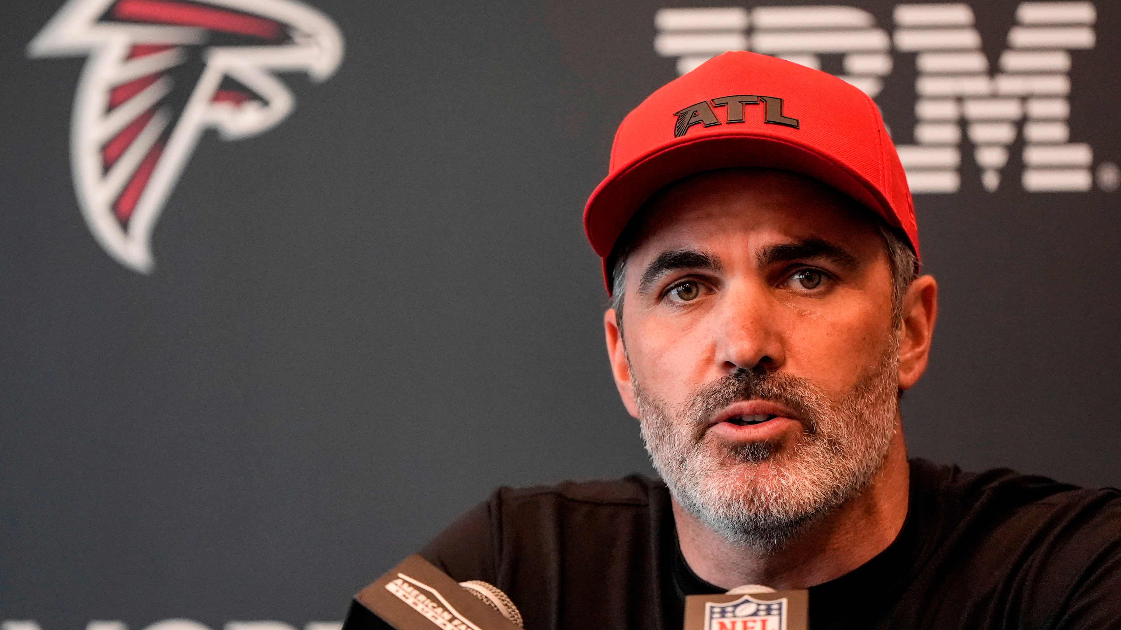 Atlanta Falcons head coach Kevin Stefanski speaks during the NFL football team's rookie minicamp, Friday, May 8, 2026, in Flowery Branch, Ga. (Mike Stewart/AP)