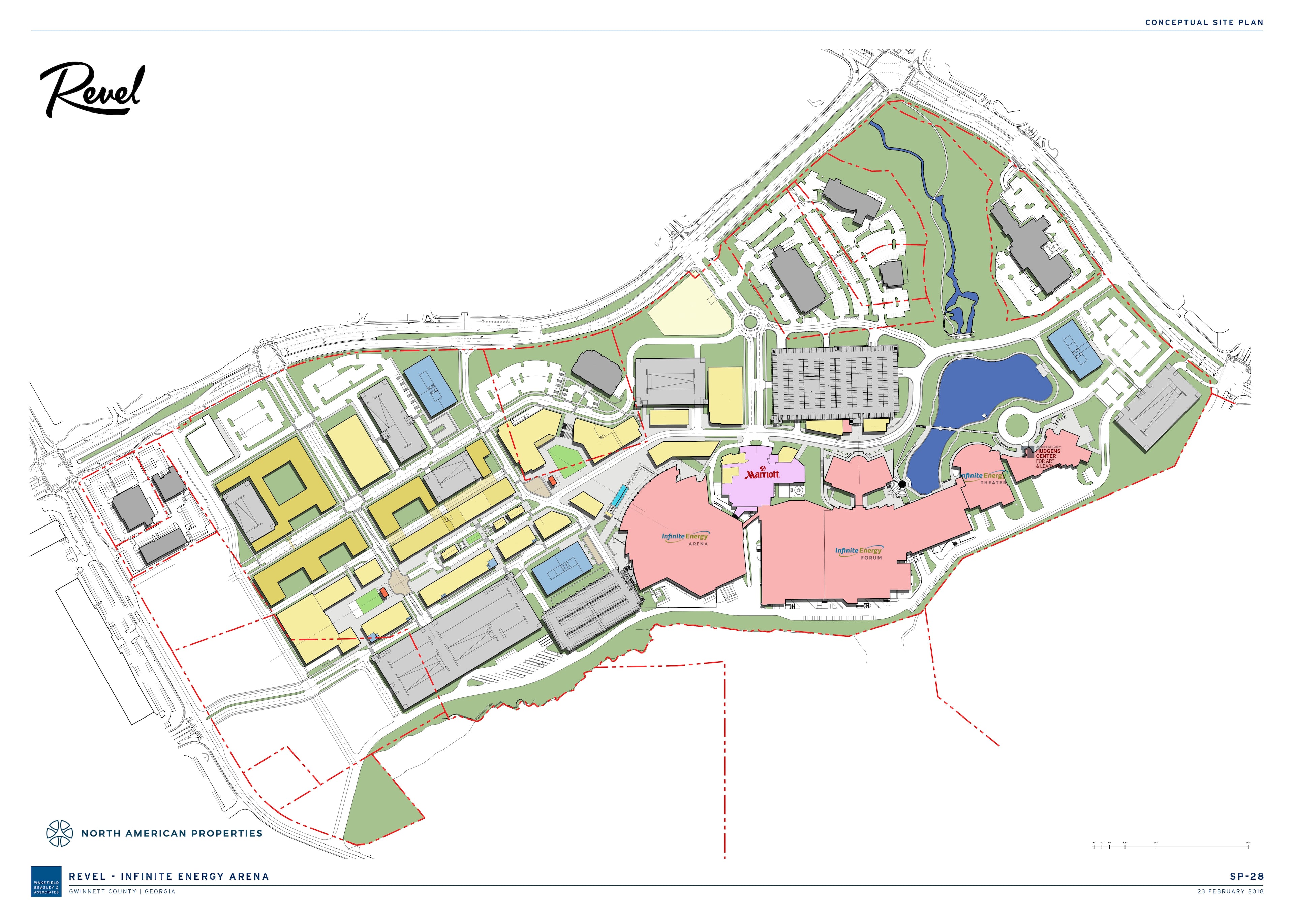 During a Tuesday morning breakfast with Partnership Gwinnett, North American Properties revealed a new rendering, site plan and details regarding its Revel project on the Infinite Energy Center campus.