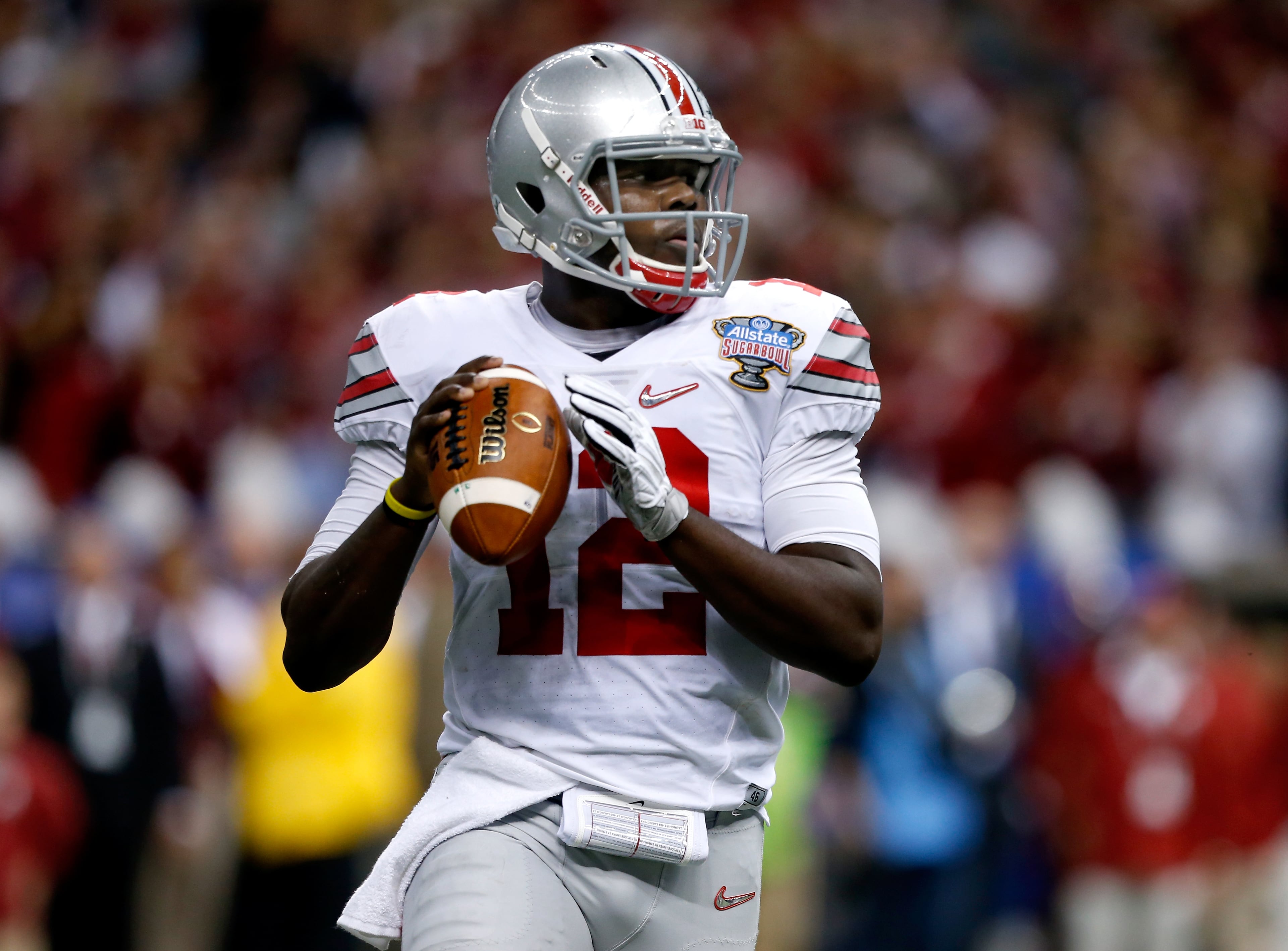 Cardale Jones #12 of the Ohio State Buckeyes throws a pass during the first half against Alabama at the All State Sugar Bowl against Alabama Crimson Tide at the Mercedes-Benz Superdome on January 1, 2015 in New Orleans, Louisiana. (Photo by Sean Gardner/Getty Images)