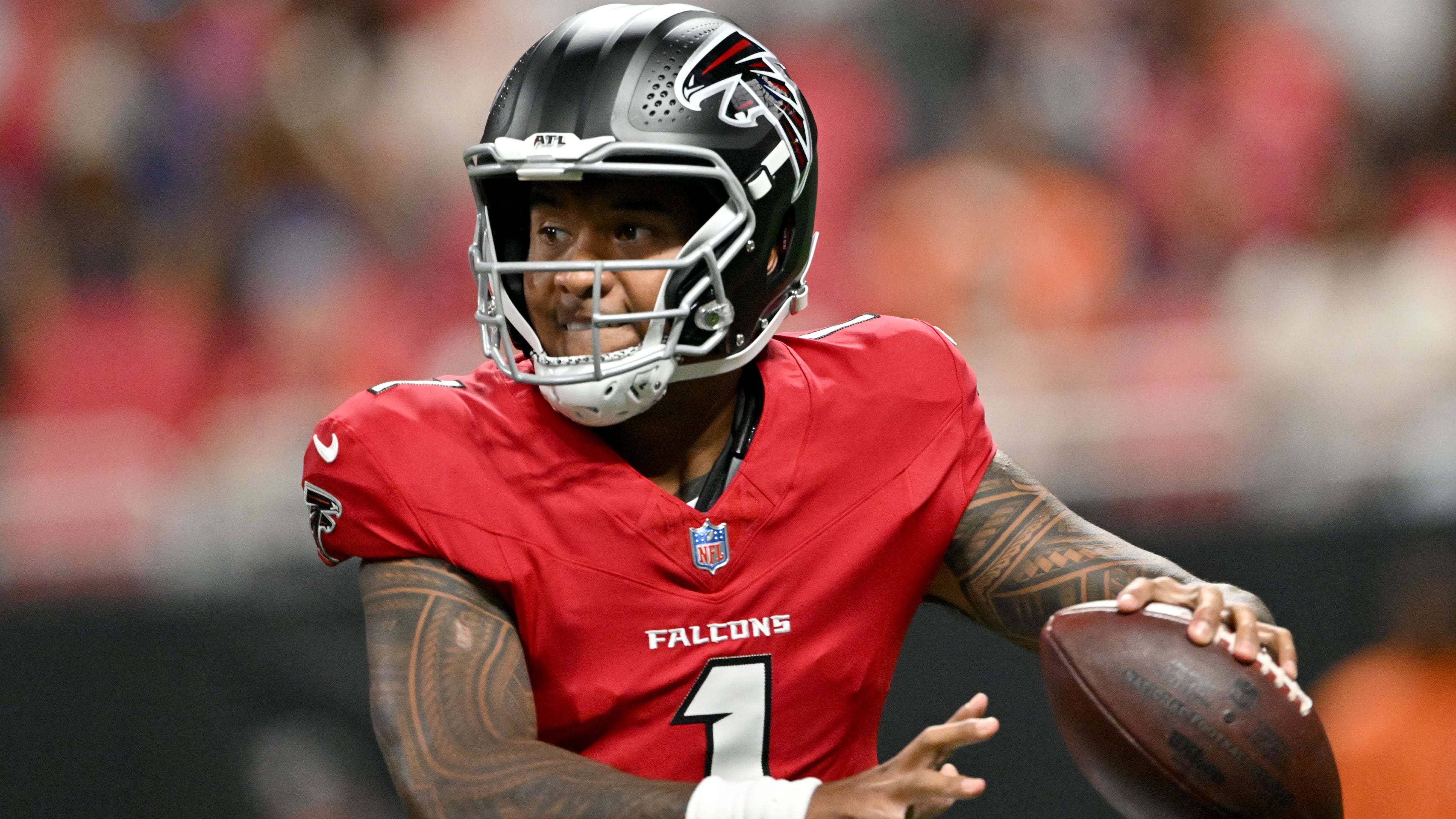 Falcons quarterback Tua Tagovailoa prepares to get off a pass against the Denver Broncos during their preseason game at Mercedes-Benz Stadium on Friday, Aug. 14, 2026, in Atlanta. “Definitely not up to standard. Not even up to par,” Tagovailoa says about his performance. (Hyosub Shin/AJC)
