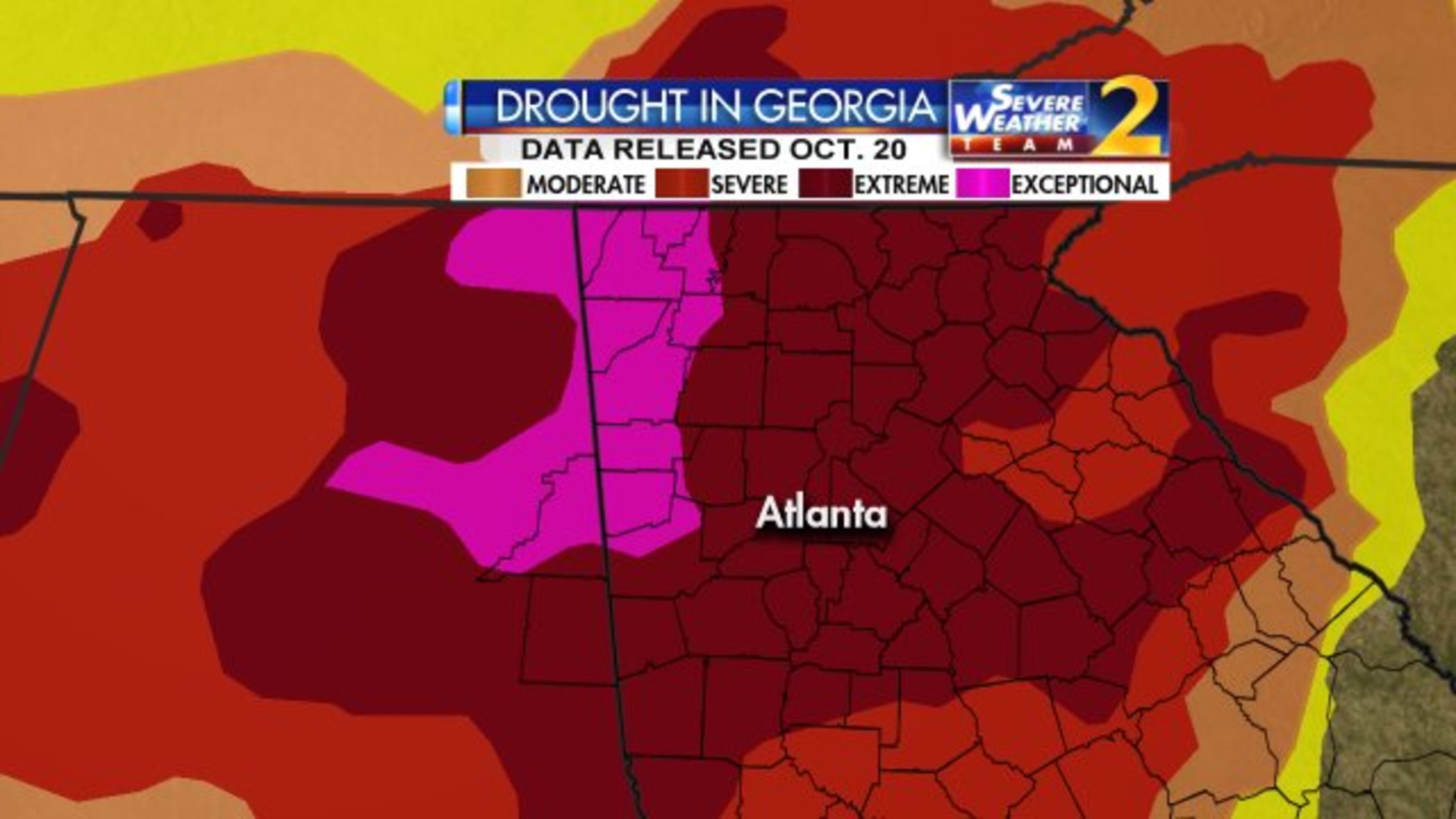 Areas in an “extreme” drought expanded 6 percent last week, Channel 2 Action News meteorologist Katie Walls said. (Credit: Channel 2 Action News)