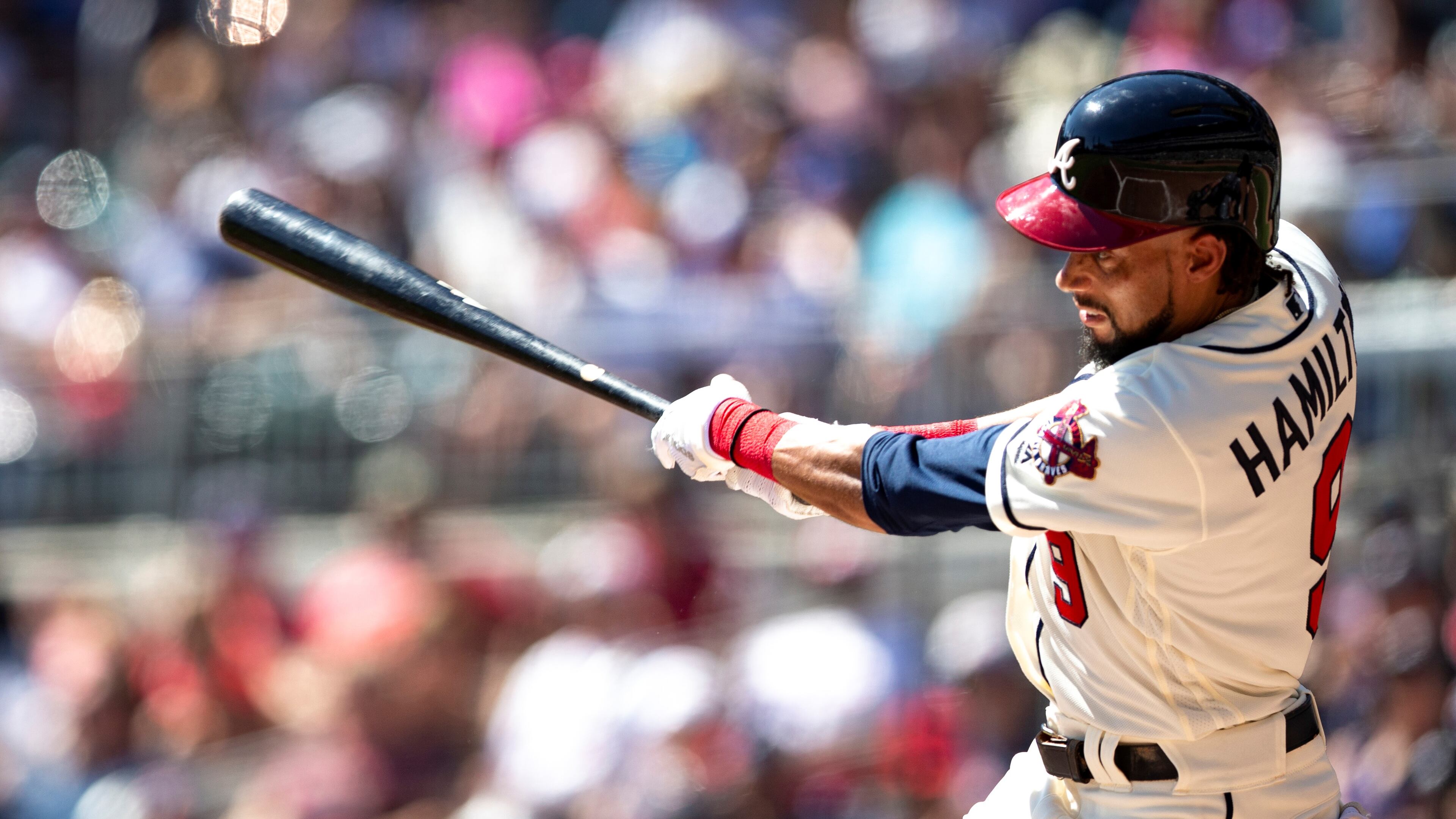 Billy Hamilton #9 of the Atlanta Braves singles in the third inning against the San Francisco Giants at SunTrust Park on September 22, 2019 in Atlanta, Georgia. (Photo by Carmen Mandato/Getty Images)