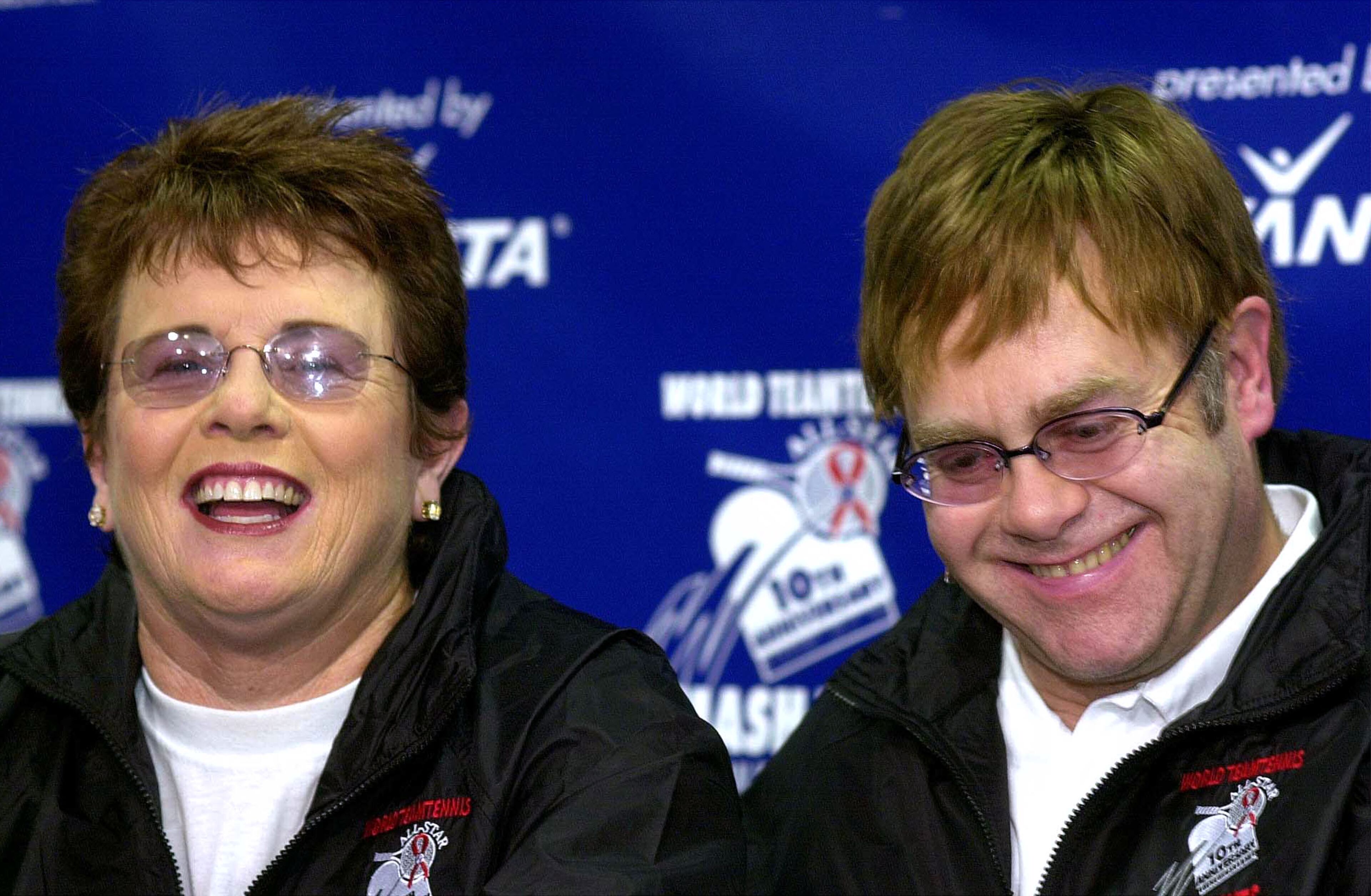 VILLANOVA, PA - OCTOBER 3: Tennis pro Billie Jean King and musician Elton John speak during the 10th Anniversary World Team Tennis Smash Hits Press Conference October 3, 2002 in Villanova, Pennsylvania. Proceeds from the event benefit several AIDS charities. (Photo by William Thomas Cain/Getty Images)
