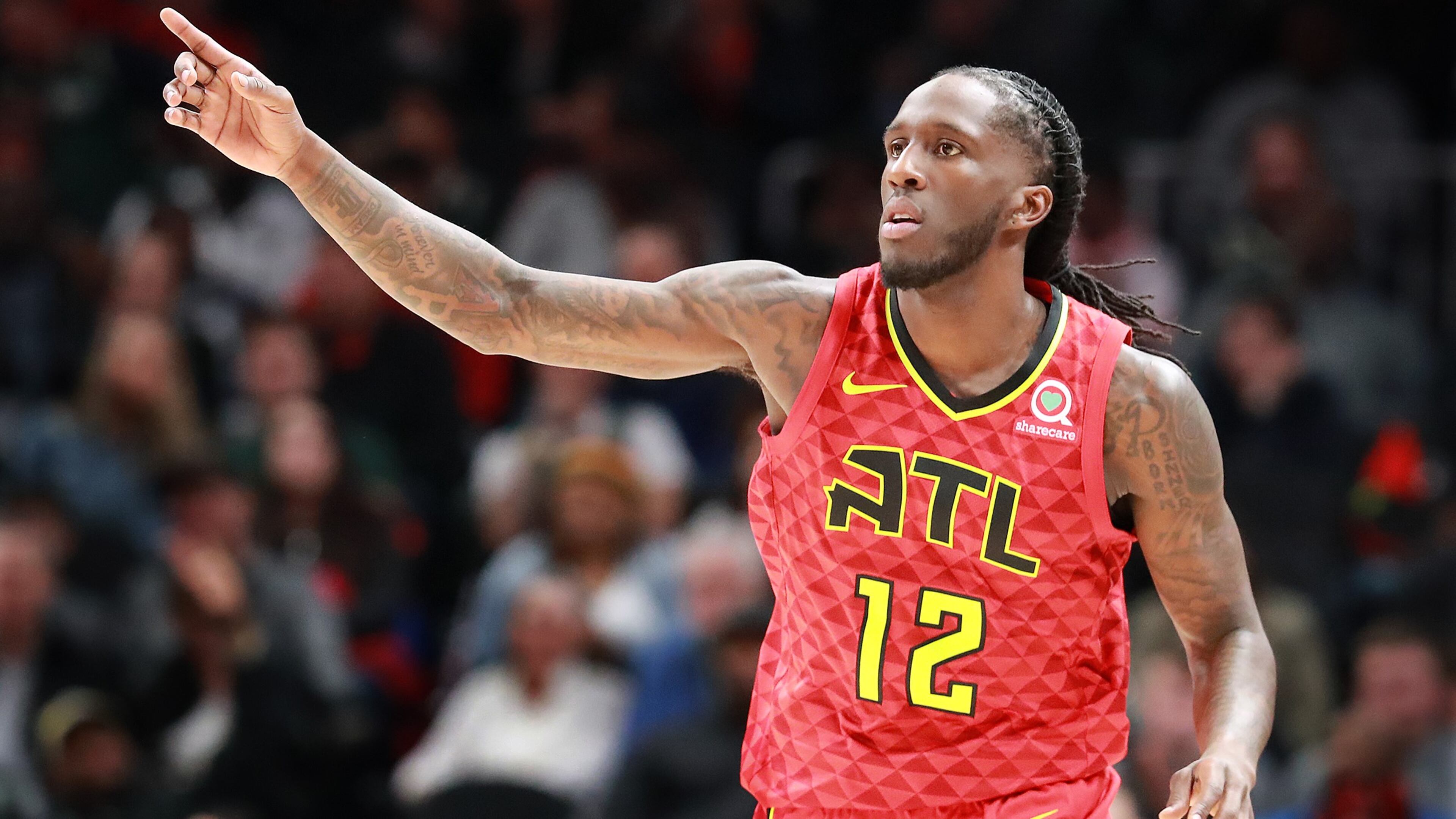 Atlanta Hawks Taurean Prince reacts after scoring against the Milwaukee Bucks during the first half in a NBA basketball game at State Farm Arena on Sunday, Jan. 13, 2019, in Atlanta. Curtis Compton/ccompton@ajc.com