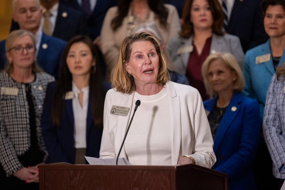 Outgoing House Speaker Pro Tem Jan Jones, R-Milton, speaks during a news conference at the Capitol on Wednesday, Feb. 4, 2026. (Arvin Temkar/AJC)