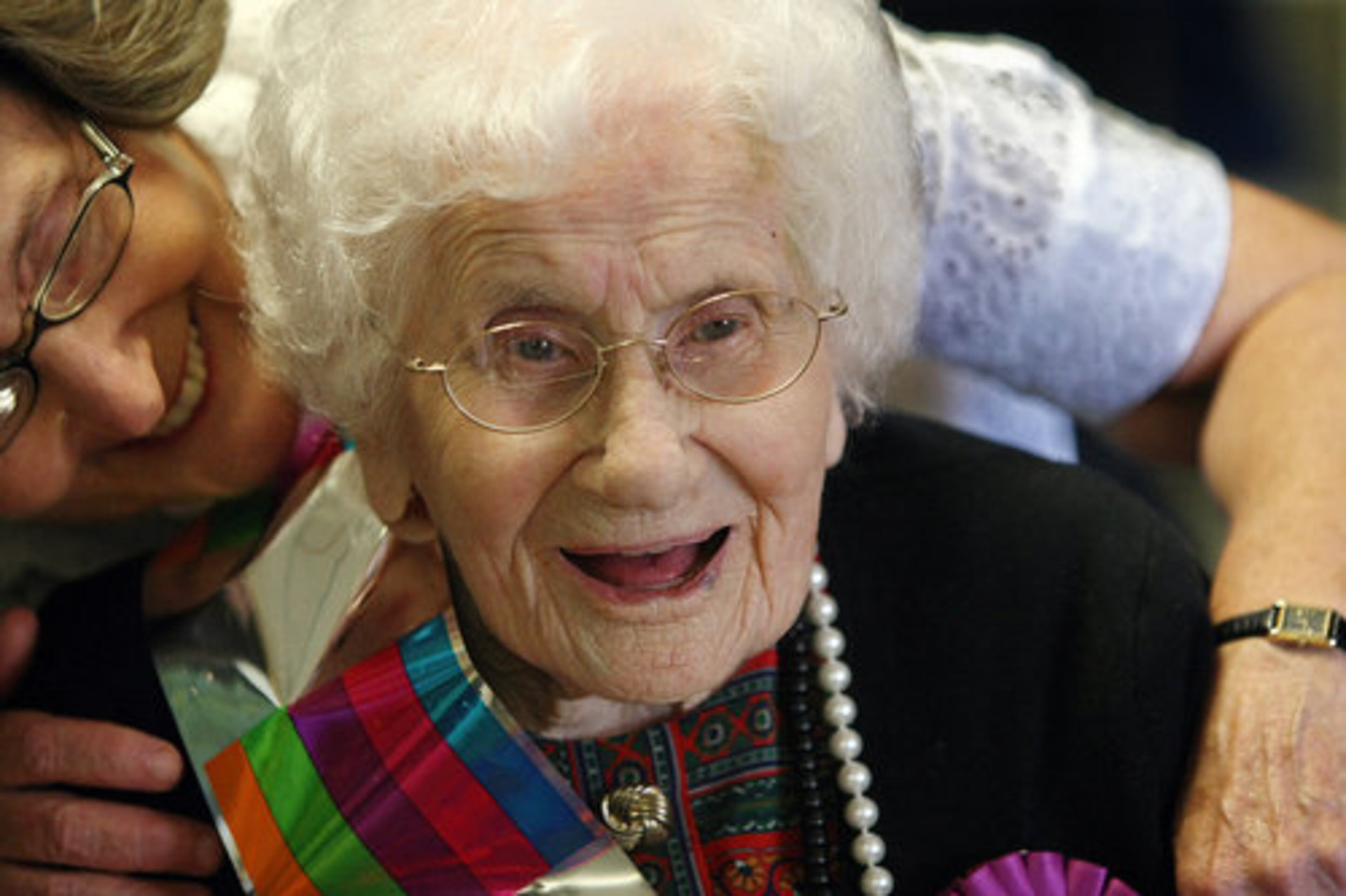 Besse Cooper is all smiles as she arrives at Walton Regional Medical Center Nursing Home in Monroe, Ga. for her 113th birthday celebration with her daughter-in-law Edith Cooper. At the time Cooper was the world's 12th oldest and Georgia's oldest person. Now, two years later she is the world's oldest person. She was born on Aug. 26, 1896 in Sullivan County, Tenn. She died in a nursing home on Tuesday, Dec. 4, 2012 She was 116.