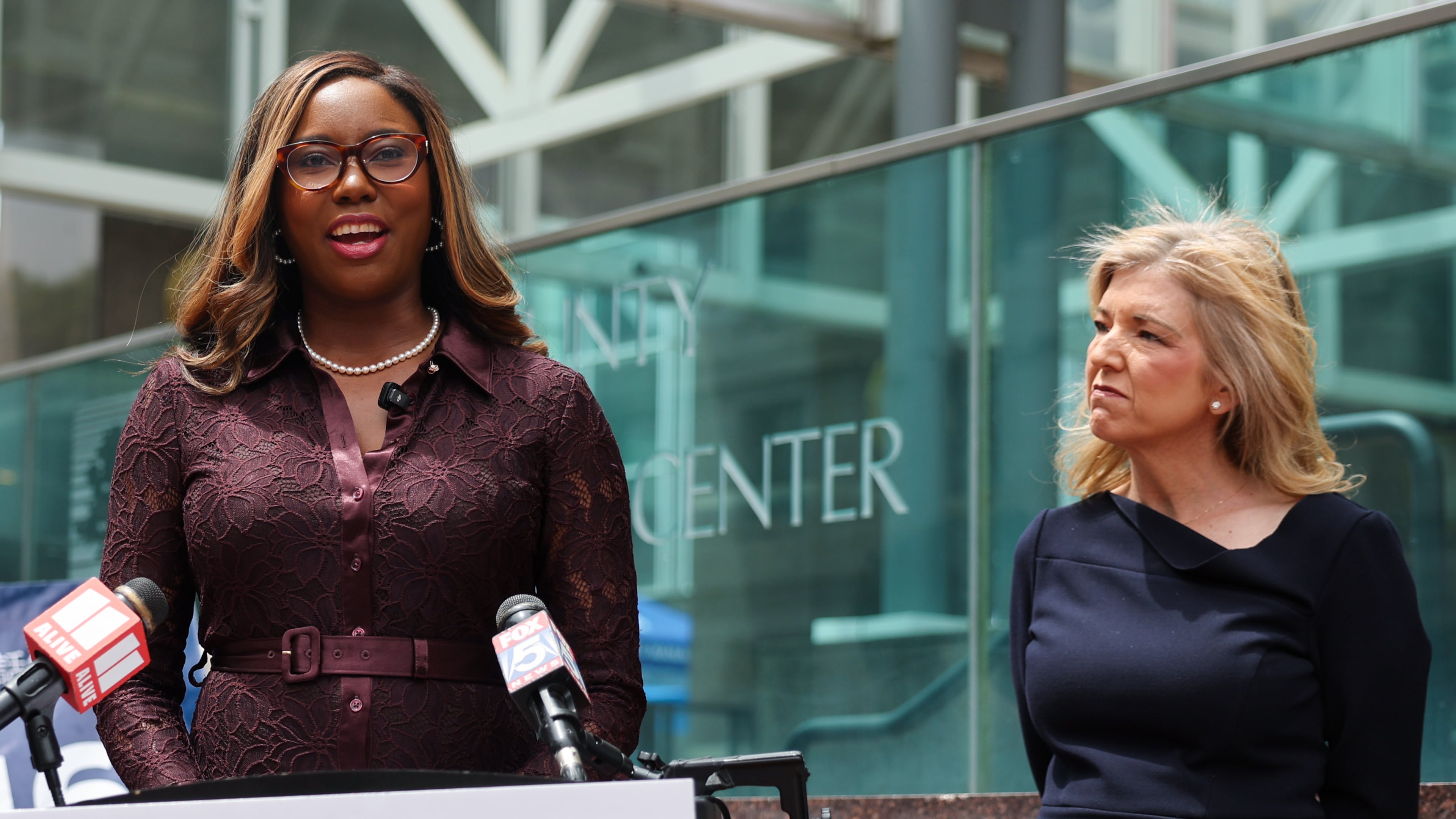 Georgia Supreme Court candidates Miracle Rankin (left) and Jen Jordan address media in Atlanta on April 30, 2026. They violated the Georgia Code of Judicial Conduct by promising to restore abortion rights, the Georgia Judicial Qualifications Commission said Monday. (Arvin Temkar/AJC)