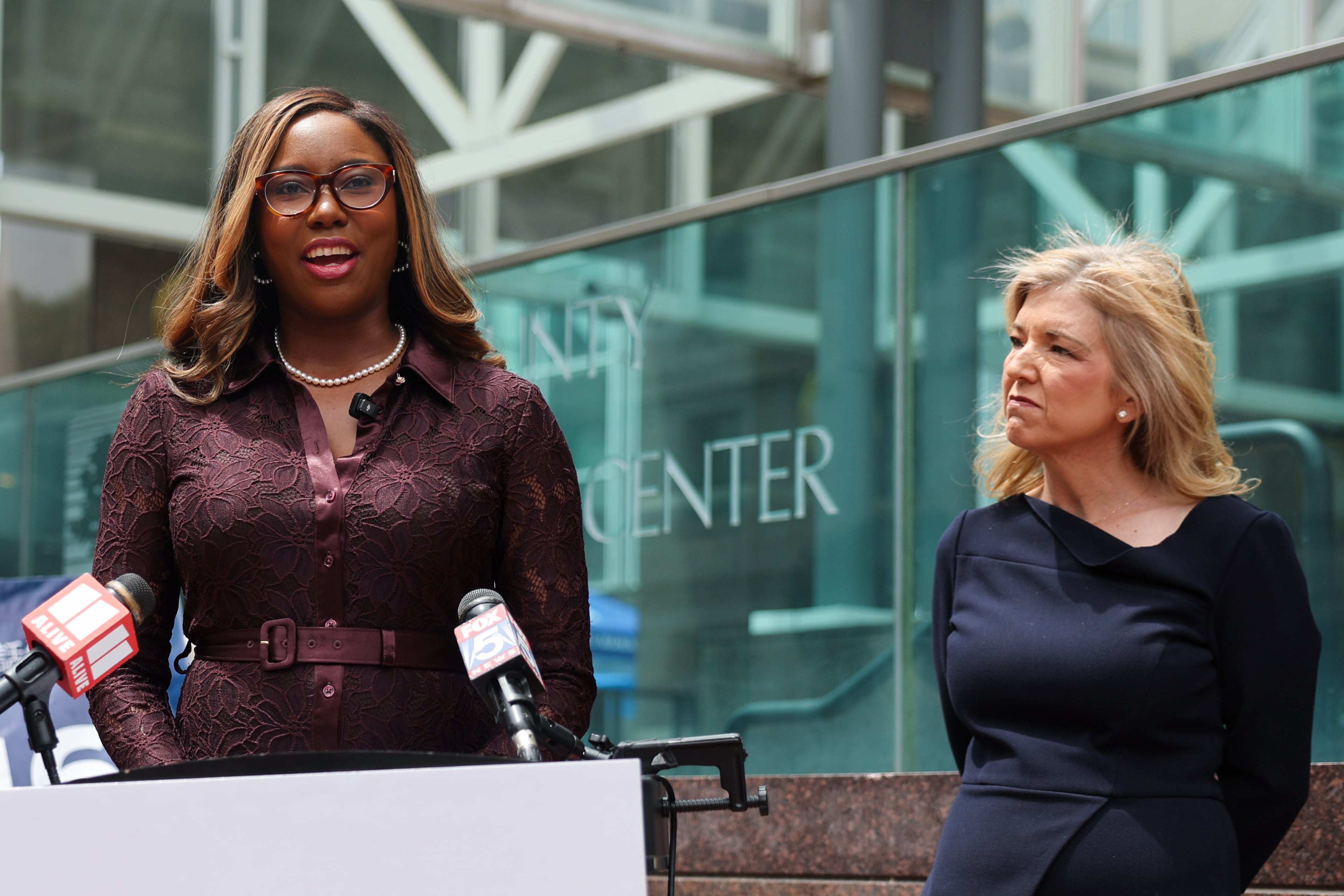 Georgia Supreme Court candidates Miracle Rankin (left) and Jen Jordan address media in Atlanta on April 30, 2026. They violated the Georgia Code of Judicial Conduct by promising to restore abortion rights, the Georgia Judicial Qualifications Commission said Monday. (Arvin Temkar/AJC)