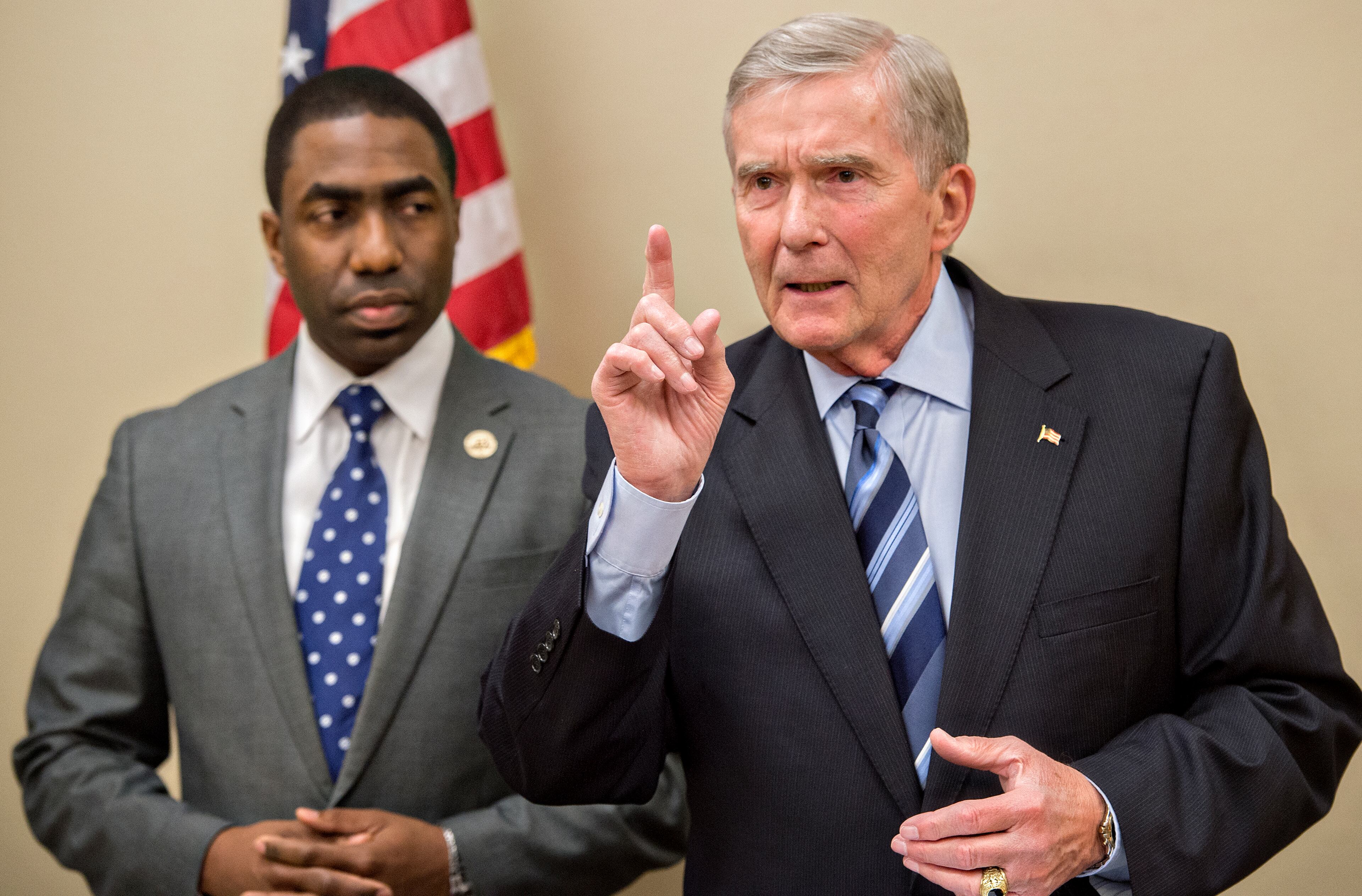 Former Attorney General Mike Bowers (right) and Dekalb interim CEO Lee May in March 2015, the day May appointed Bowers and Richard Hyde as special investigators charged with finding corruption in DeKalb government. (Jonathan Phillips / For the AJC)
