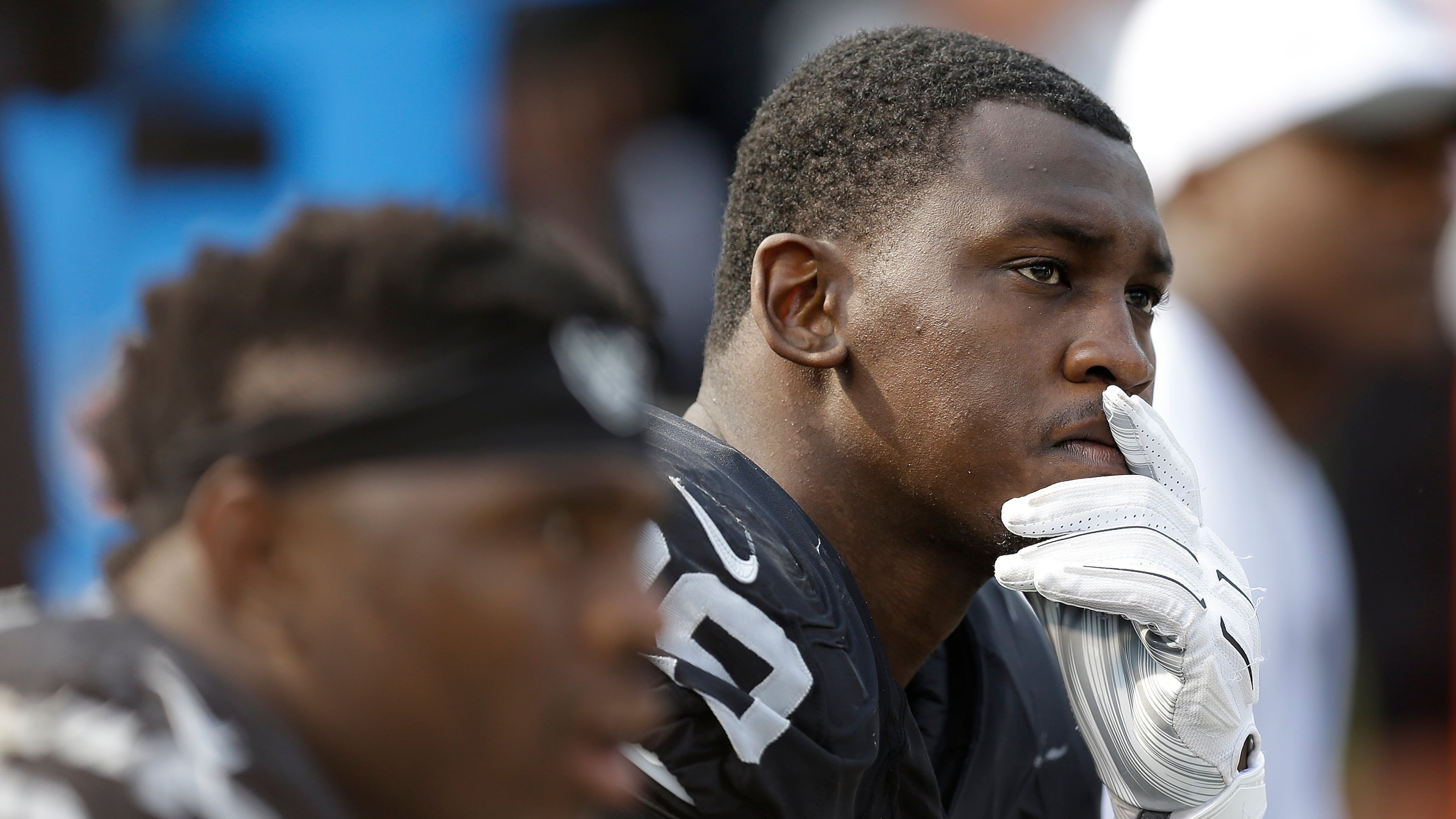 FILE - Oakland Raiders linebacker Aldon Smith (99) sits on the bench during the second half of the team's NFL football game against the Cincinnati Bengals in Oakland, Calif., on Sept. 13, 2015. (AP Photo/Ben Margot, File)