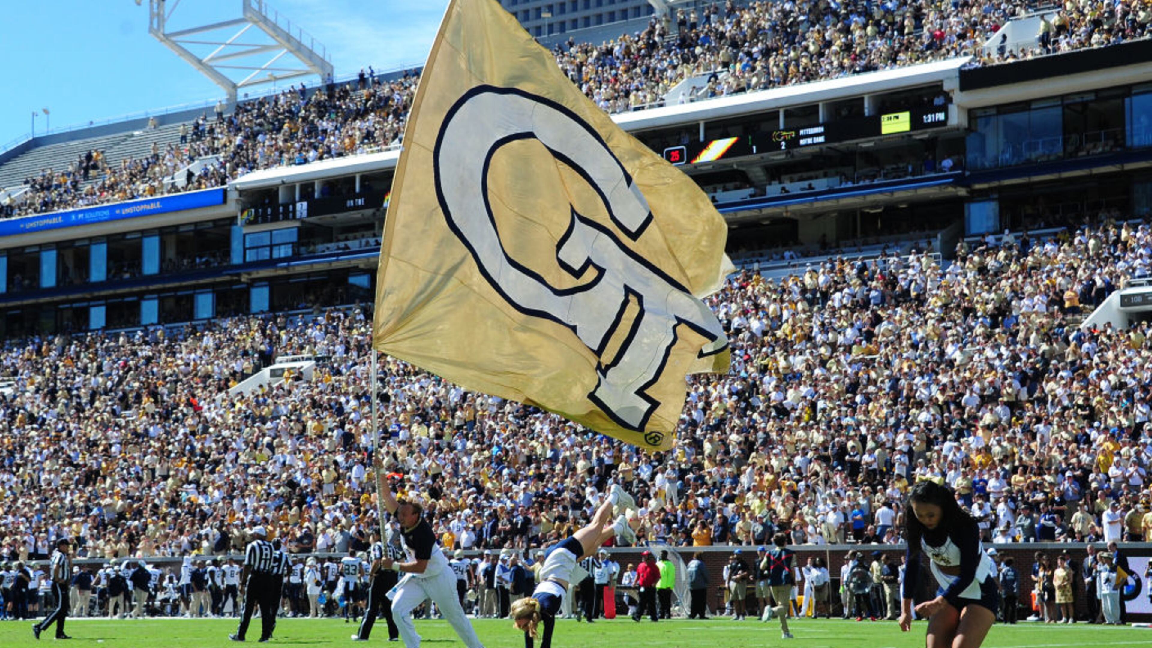 ATLANTA, GA - OCTOBER 13: Georgia Tech Yellow Jackets Cheerleaders celebrate after a touchdown against the Duke Blue Devils on October 13, 2018 in Atlanta, Georgia. (Photo by Scott Cunningham/Getty Images)