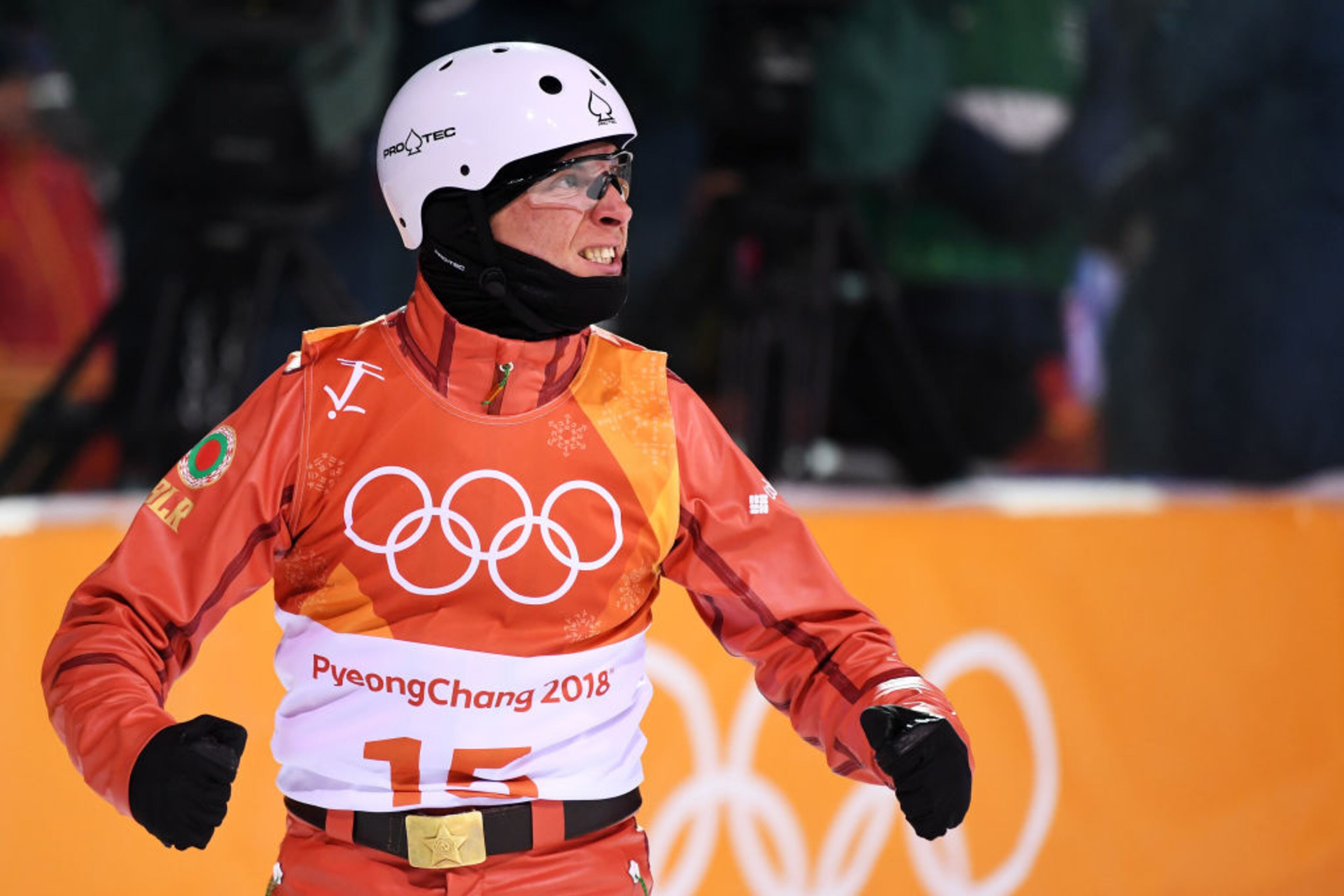 PYEONGCHANG-GUN, SOUTH KOREA - FEBRUARY 18: Stanislau Hladchenko of Belarus celebrates during the Freestyle Skiing Men's Aerials Final on day nine of the PyeongChang 2018 Winter Olympic Games at Phoenix Snow Park on February 18, 2018 in Pyeongchang-gun, South Korea. (Photo by David Ramos/Getty Images)
