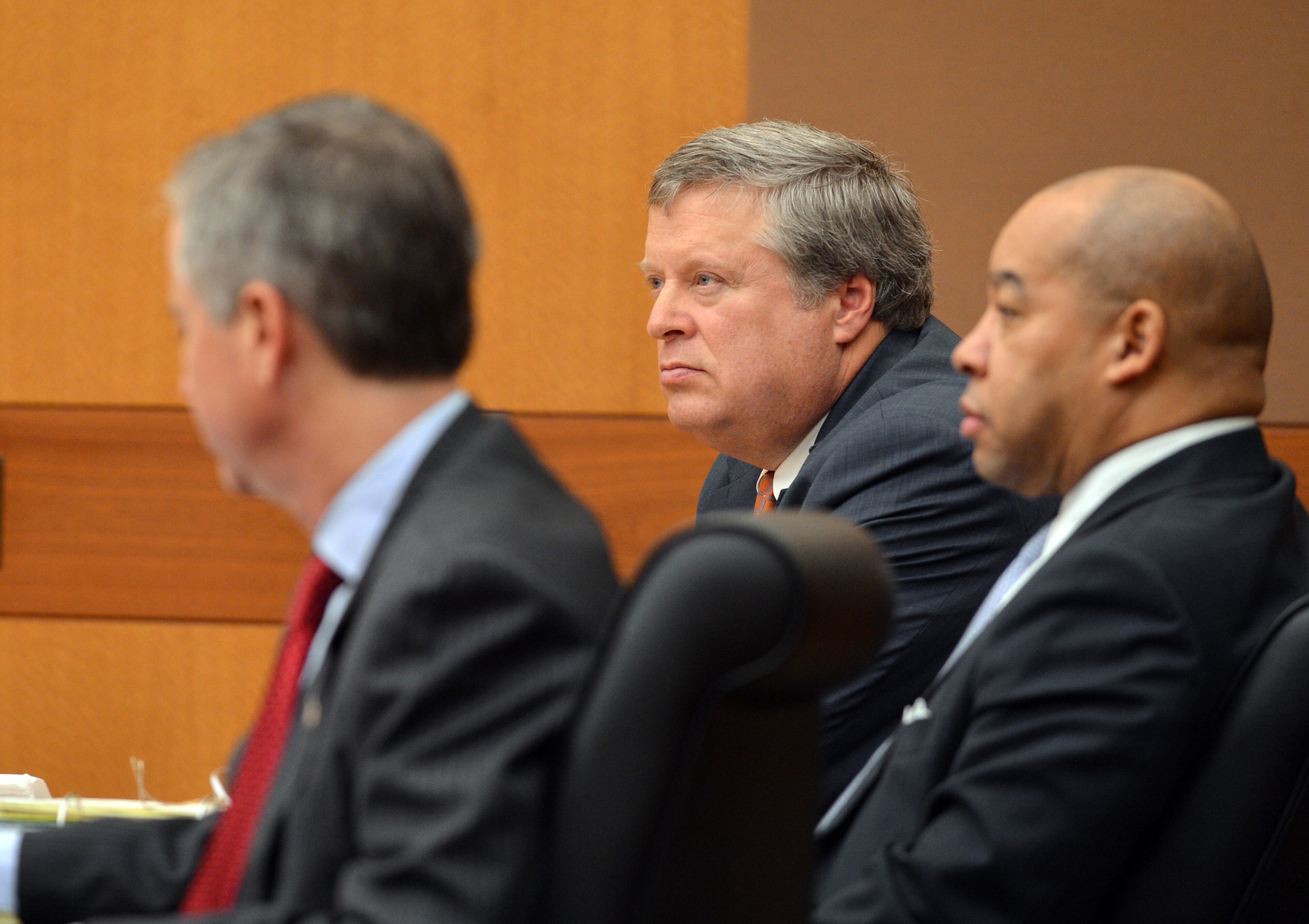 Sen. Don Balfour, R-Snellville with attorneys William Hill and Ken Hodges Wednesday December 18, 2013. Balfour is charged with filing false expense claims and theft. Balfour has said he made mistakes on his expense reports but did nothing wrong intentionally. BRANT SANDERLIN /BSANDERLIN@AJC.COM