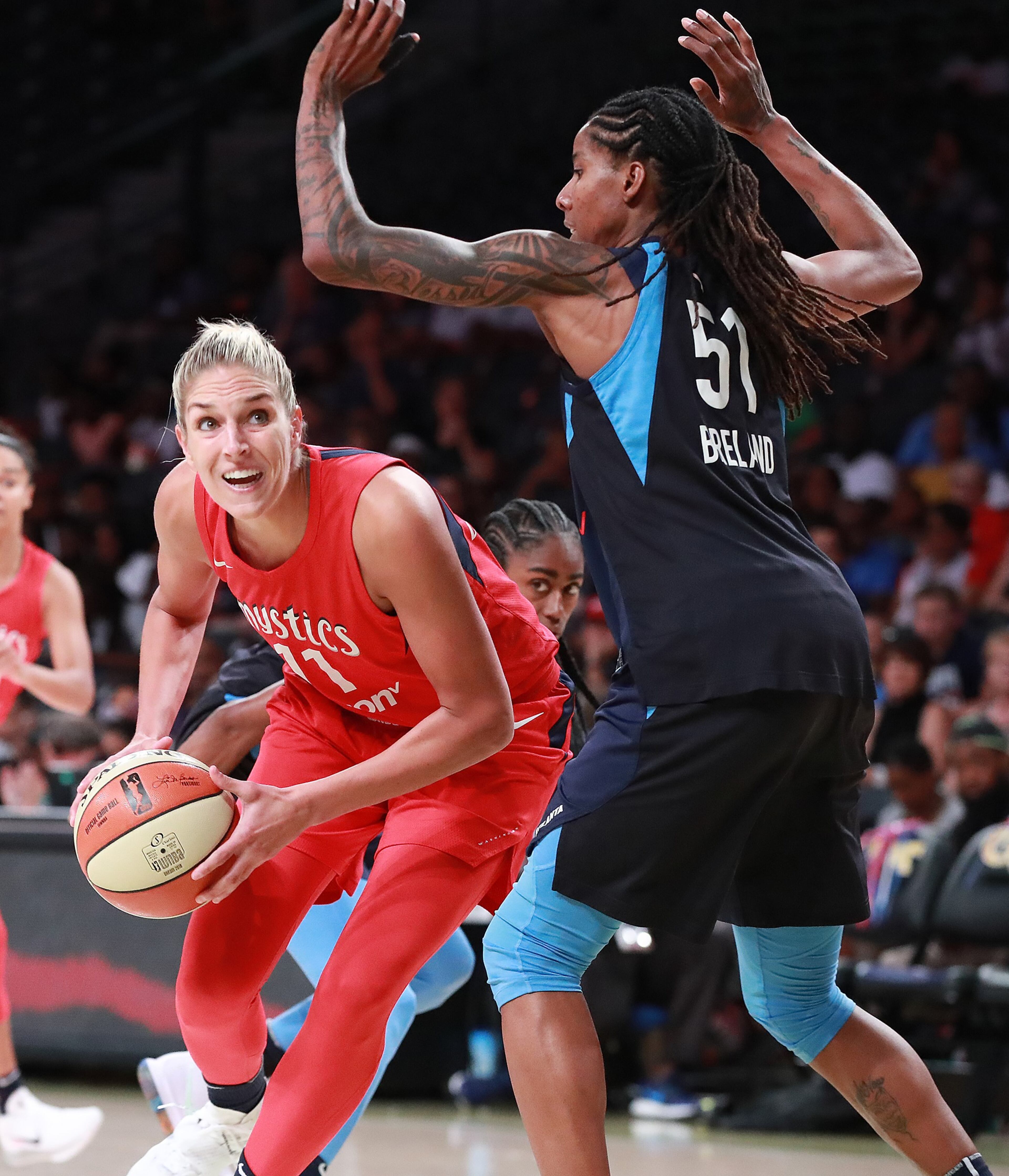August 26, 2018 Atlanta: Washington Mystics forward Elena Delle Donne, who led the team with 32-points, drives around Atlanta Dream defender Jessica Breland during the second half in a WNBA semifinal playoff game on Sunday, August 26, 2018, in Atlanta. The Mystics beat the Dream 87-84. Curtis Compton/ccompton@ajc.com