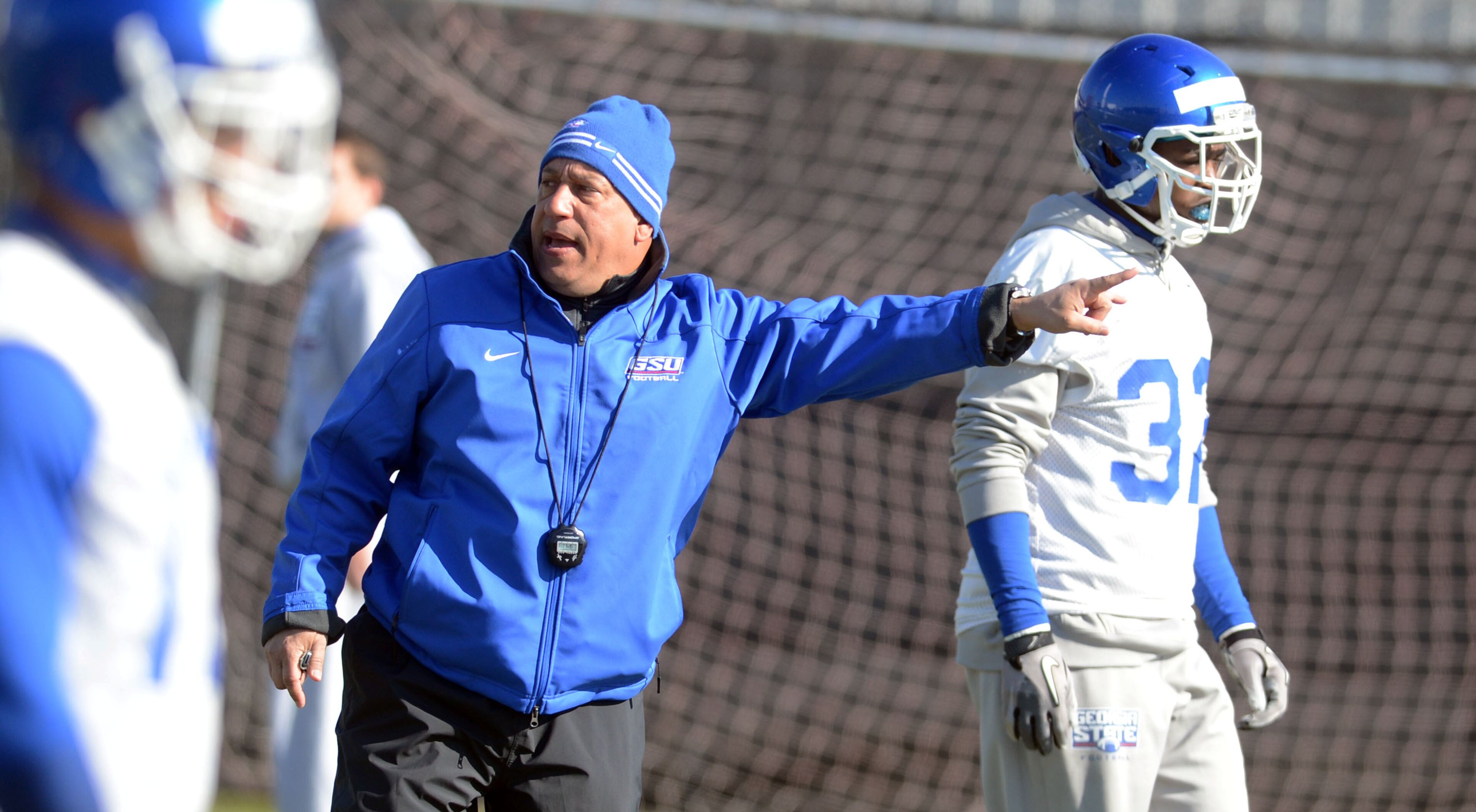 Coach Trent Miles directs the team to another segment in Weds practice. Georgia State opened its first spring practice under new head coach Trent Miles at the GSU Practice Complex in downtown Atlanta Wednesday, March 27, 2013.