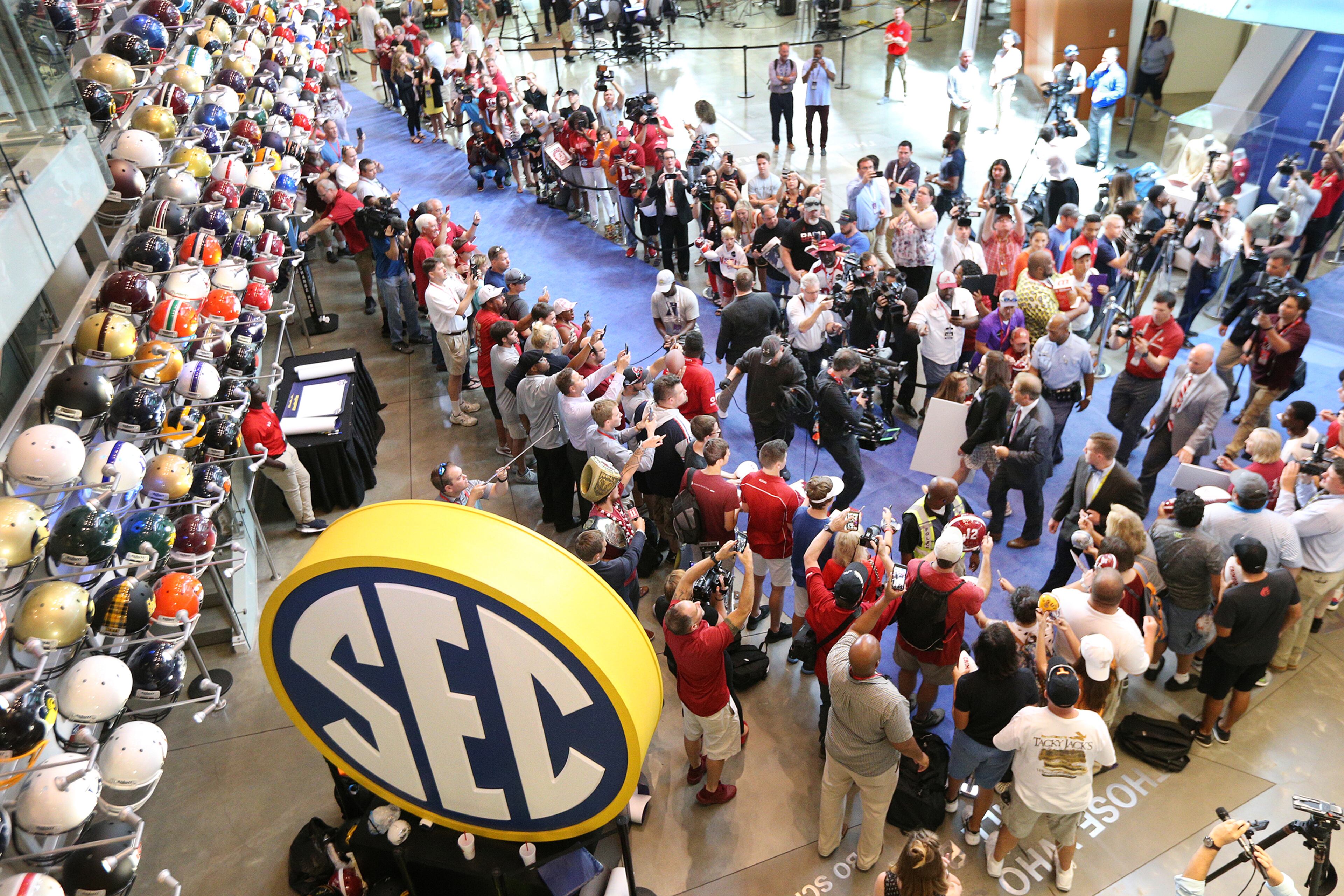 Alabama head coach Nick Saban arrives for his SEC Media Days press conference with Alabama fans lining the carpet at the College Football Hall of Fame on Wednesday, July 18, 2018, in Atlanta. Curtis Compton/ccompton@ajc.com