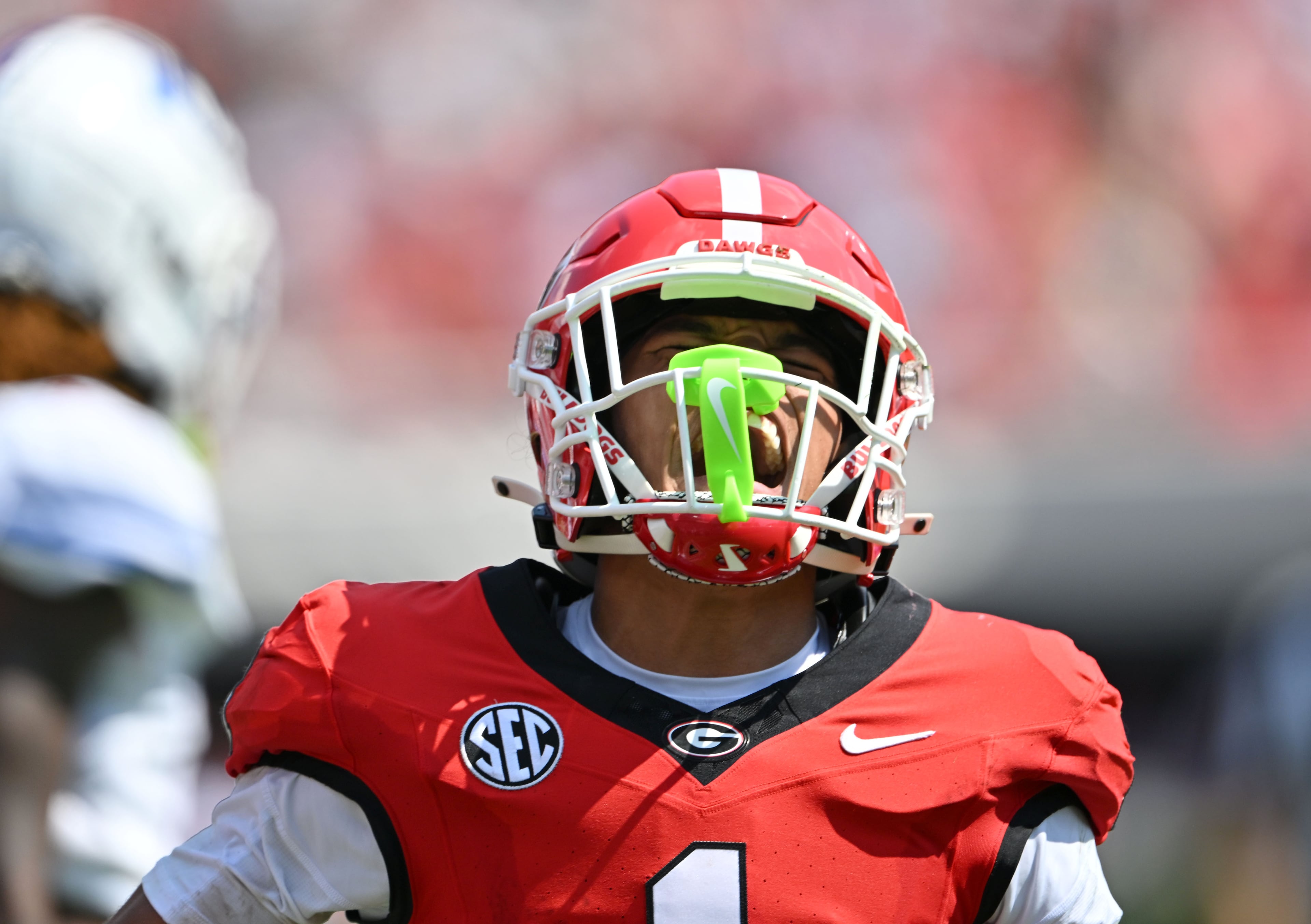 Georgia wide receiver Talyn Taylor reacts during the first half in an NCAA football game vs. Tennessee State at Sanford Stadium on Saturday, Sept. 5, 2026, in Athens, Ga. (Hyosub Shin/AJC)