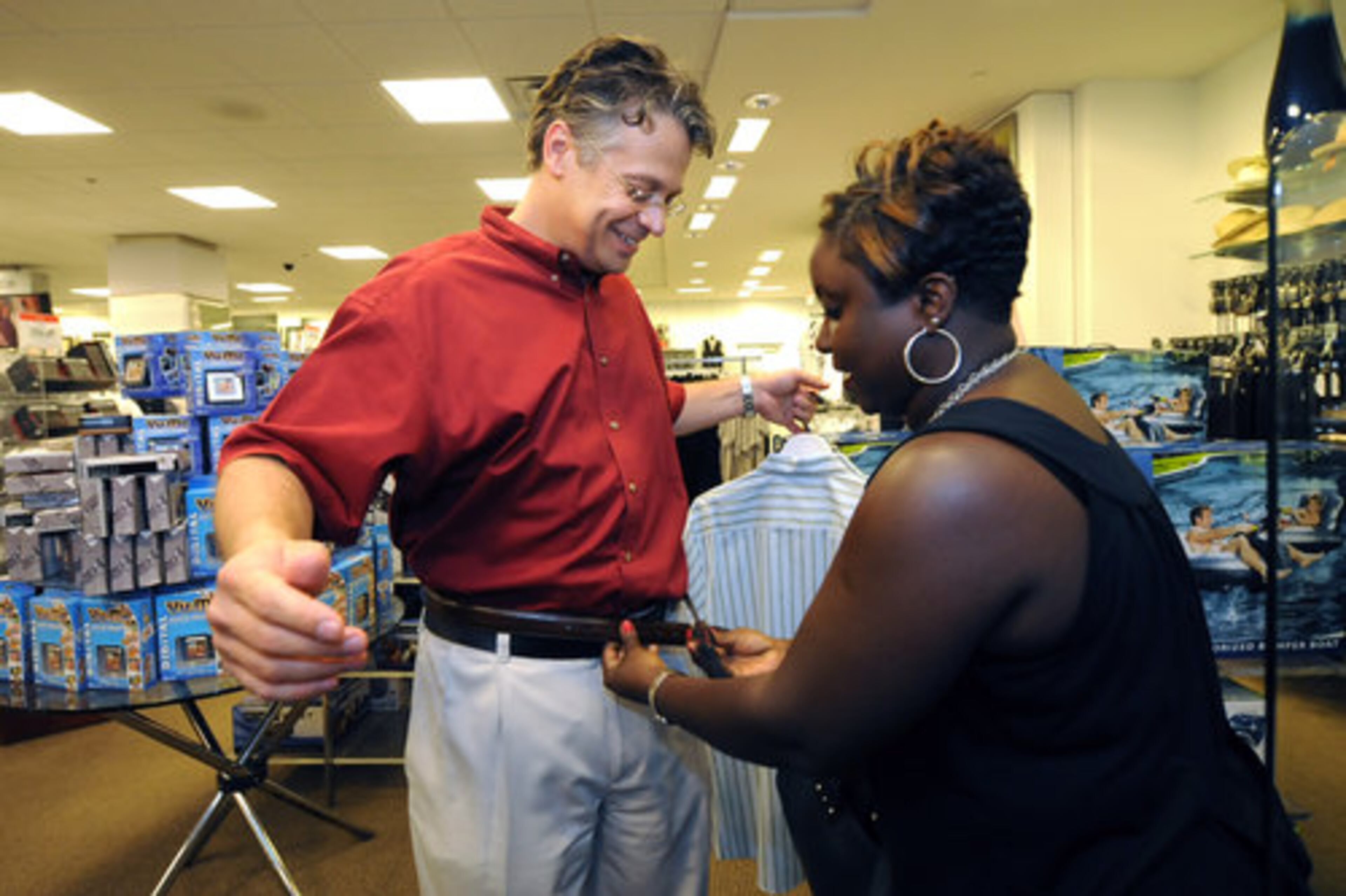 With help from Camille Wright of Kaleidoscope, Ray Thatch went down in pants size from 40 to 36. Thatch was "blissfully unaware of his size," Wright says.