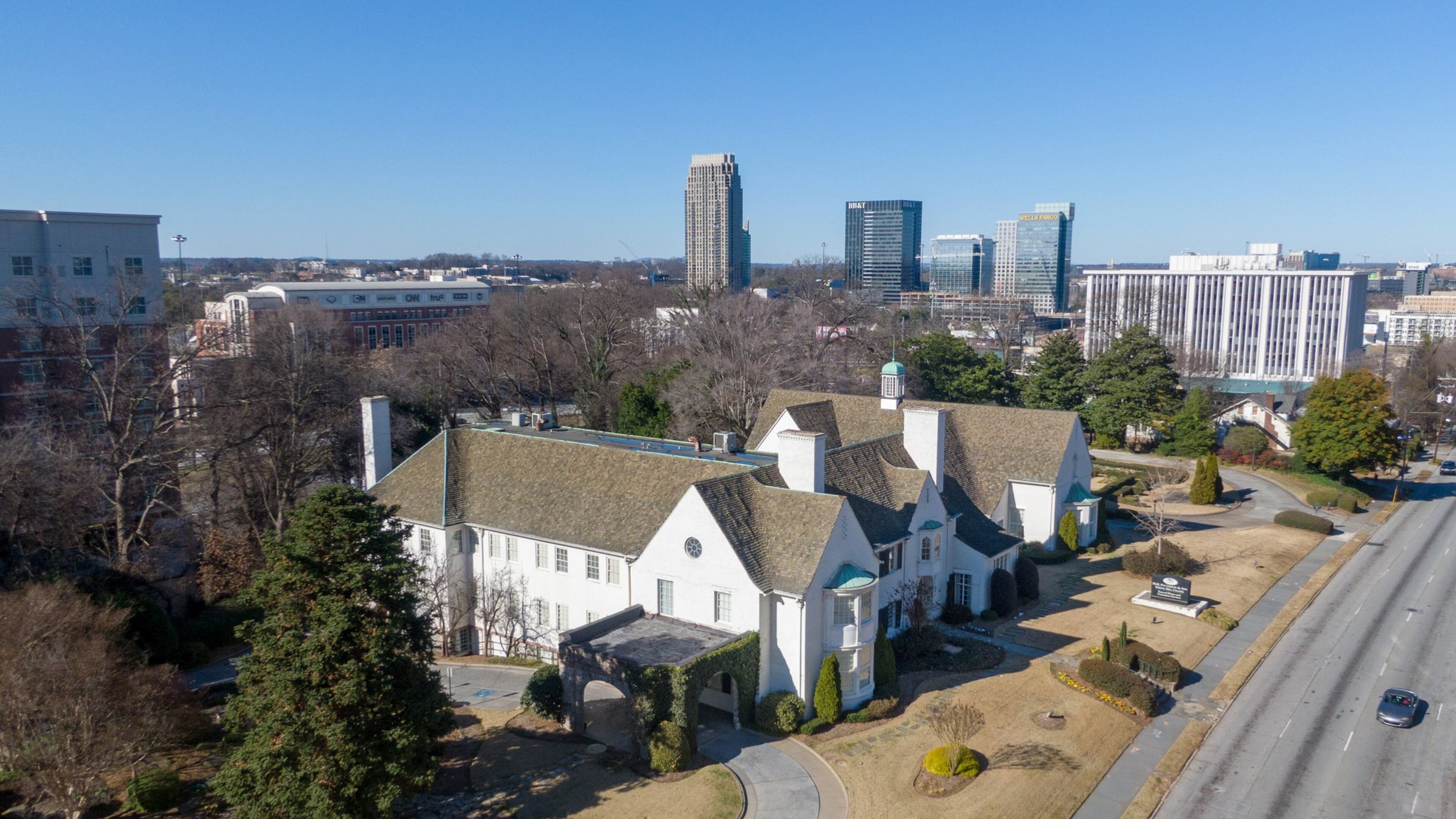 Aerial photo of H.M. Patterson & Son-Spring Hill Chapel at 1020 Spring Street NW on Tuesday, Jan. 7, 2020. The 91-year-old Midtown mortuary will be converted into an entertainment and food space as part of an Atlanta developer’s plans to build a mixed-used property that includes residential, office and hotel space. The property was designated a historic landmark in 2018. Atlanta-based developer Portman Holdings purchased the property in December.(Hyosub Shin / Hyosub.Shin@ajc.com)