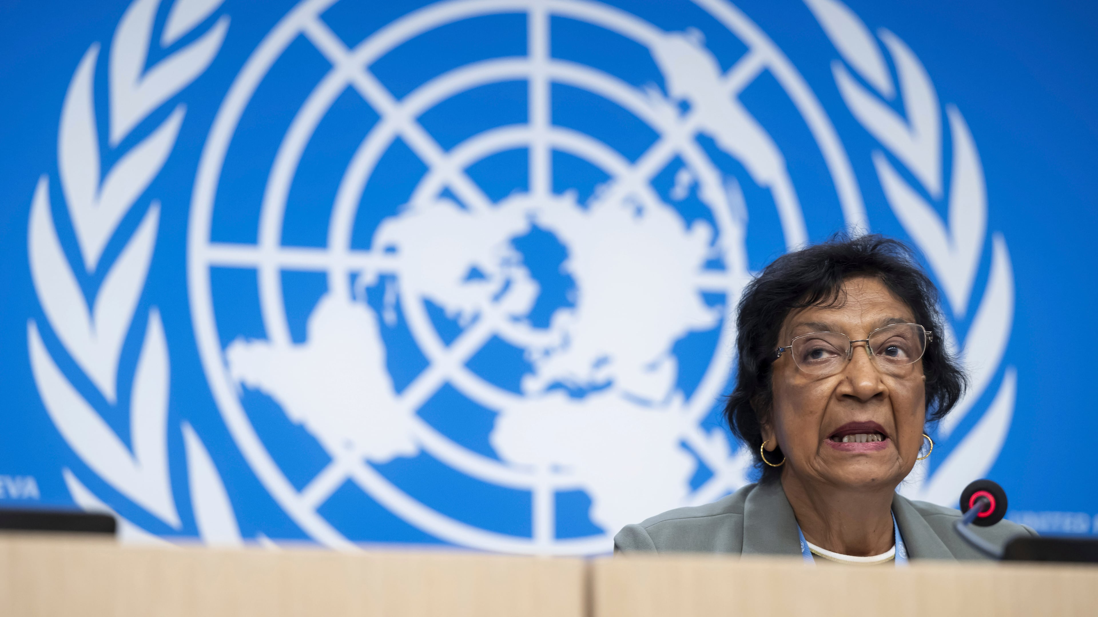 FILE - Navi Pillay, Chair, Commission of Inquiry on the Occupied Palestinian Territory, including East Jerusalem, and Israel, speaks during a press conference about the launch of the latest report of the Independent International Commission of Inquiry on the Occupied Palestinian Territory, including East Jerusalem, and Israel, at the European headquarters of the United Nations, in Geneva, Switzerland, June 18, 2025. (Martial Trezzini/Keystone via AP, File)