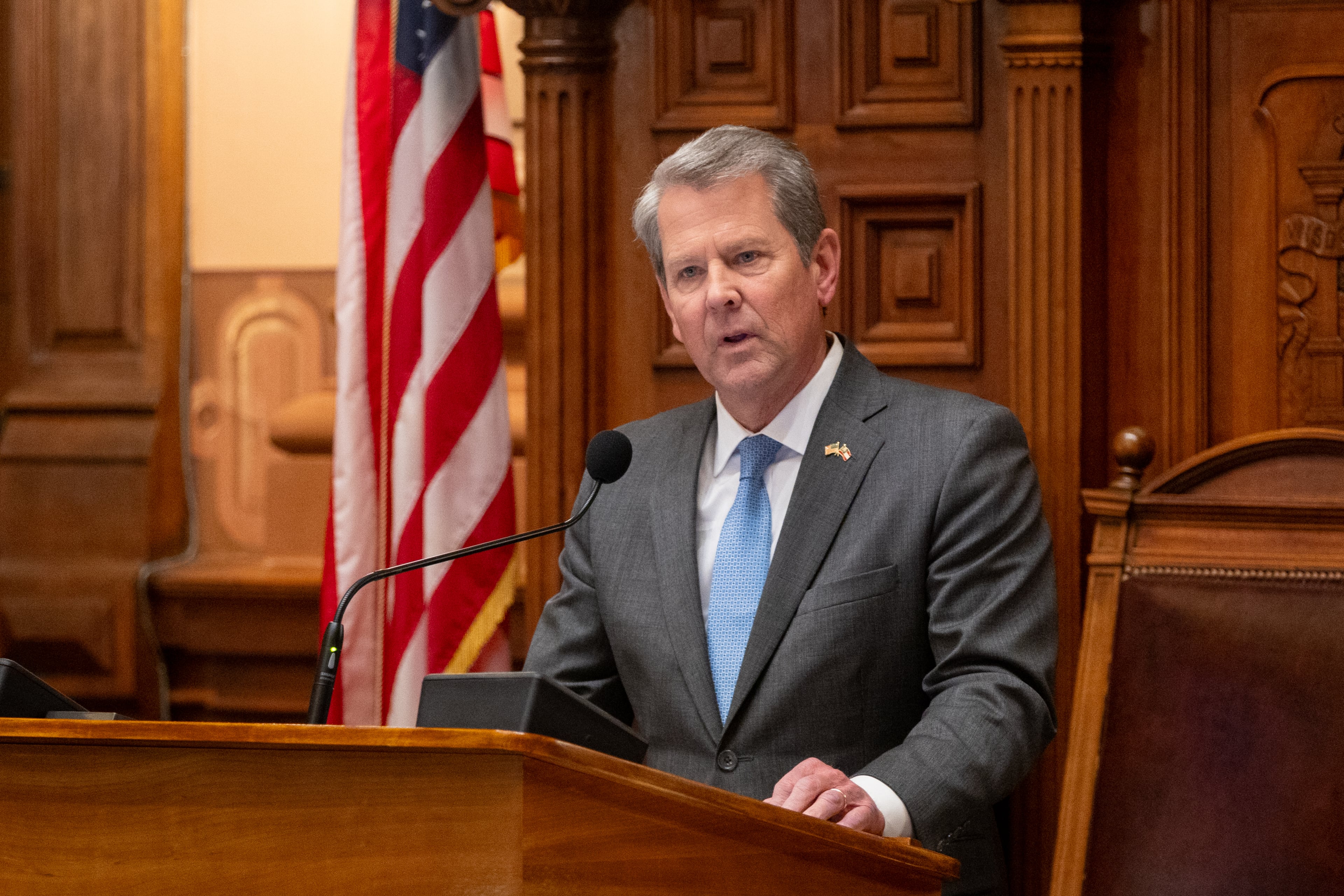 Gov. Brian Kemp, seen here in April 2025 giving a speech to the state House of Representatives. (Arvin Temkar/AJC)