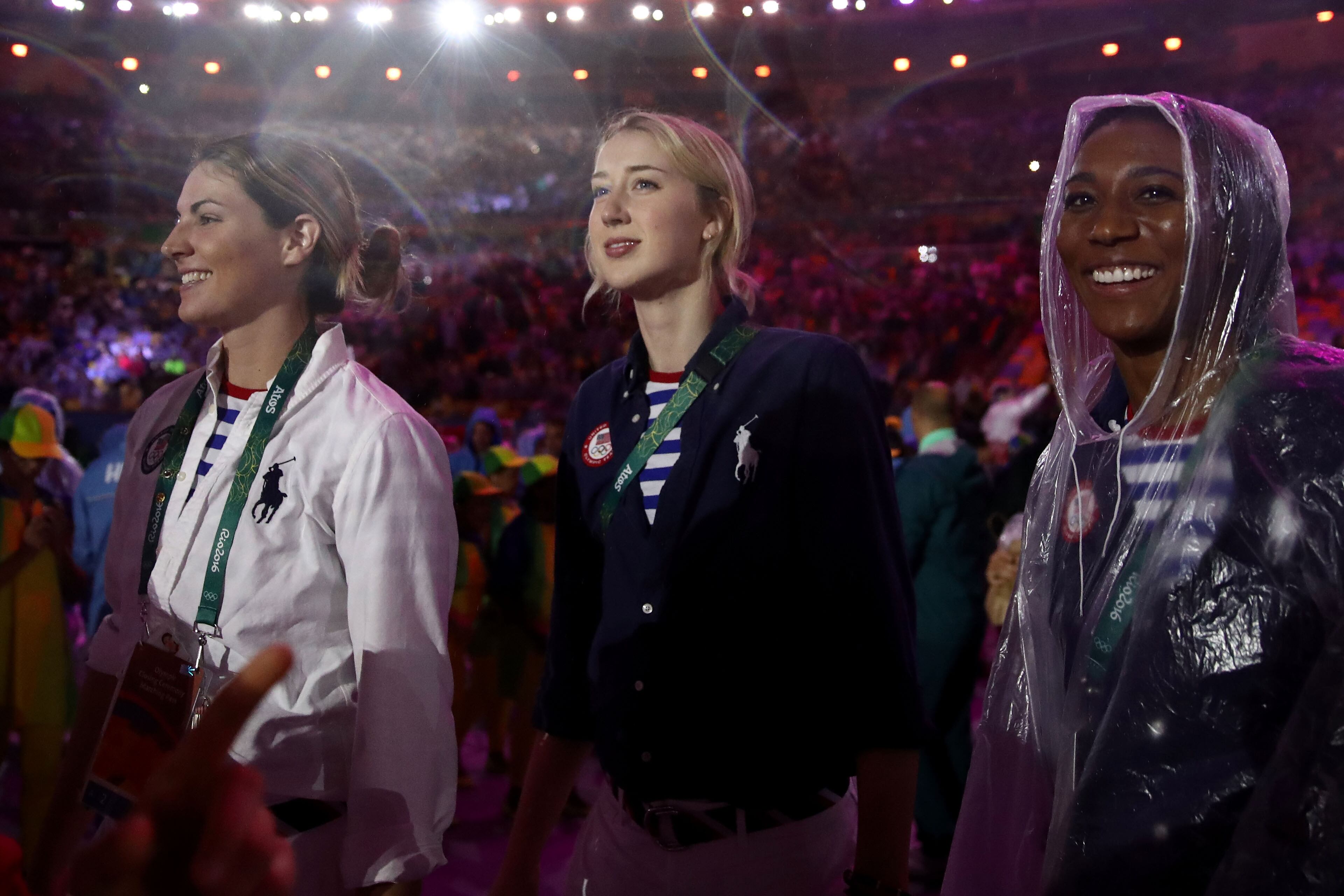 Kimberly Hill and Foluke Akinradewo of Team United States walks in the 'Heroes of the Games' segment during the Closing Ceremony on Day 16 of the Rio 2016 Olympic Games at Maracana Stadium on August 21, 2016 in Rio de Janeiro, Brazil. (Photo by Cameron Spencer/Getty Images)