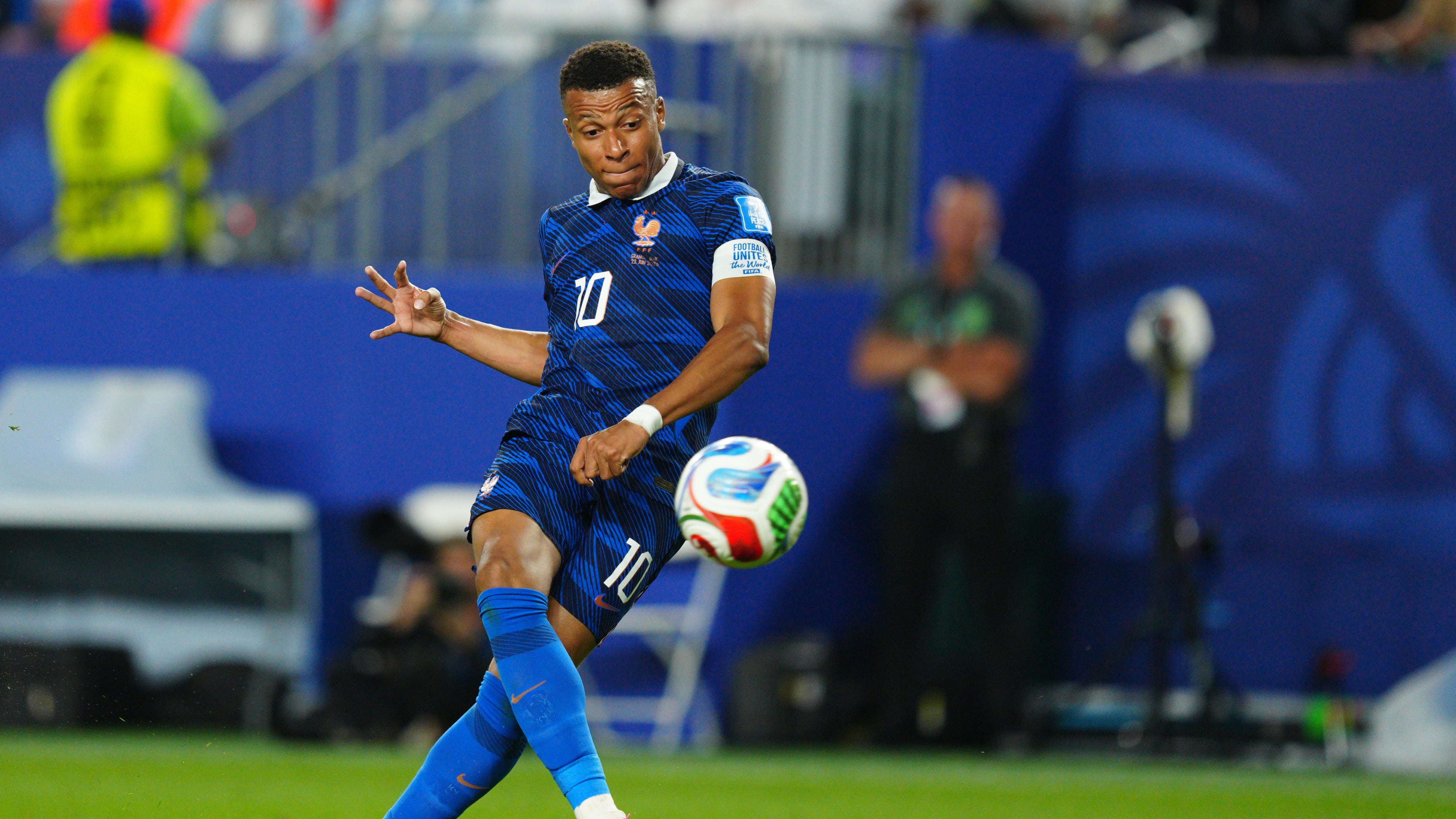 France's Kylian Mbappe (10) shoots at goal during the World Cup Group I soccer match between France and Iraq in Philadelphia, Monday, June 22, 2026. (AP Photo/Derik Hamilton)
