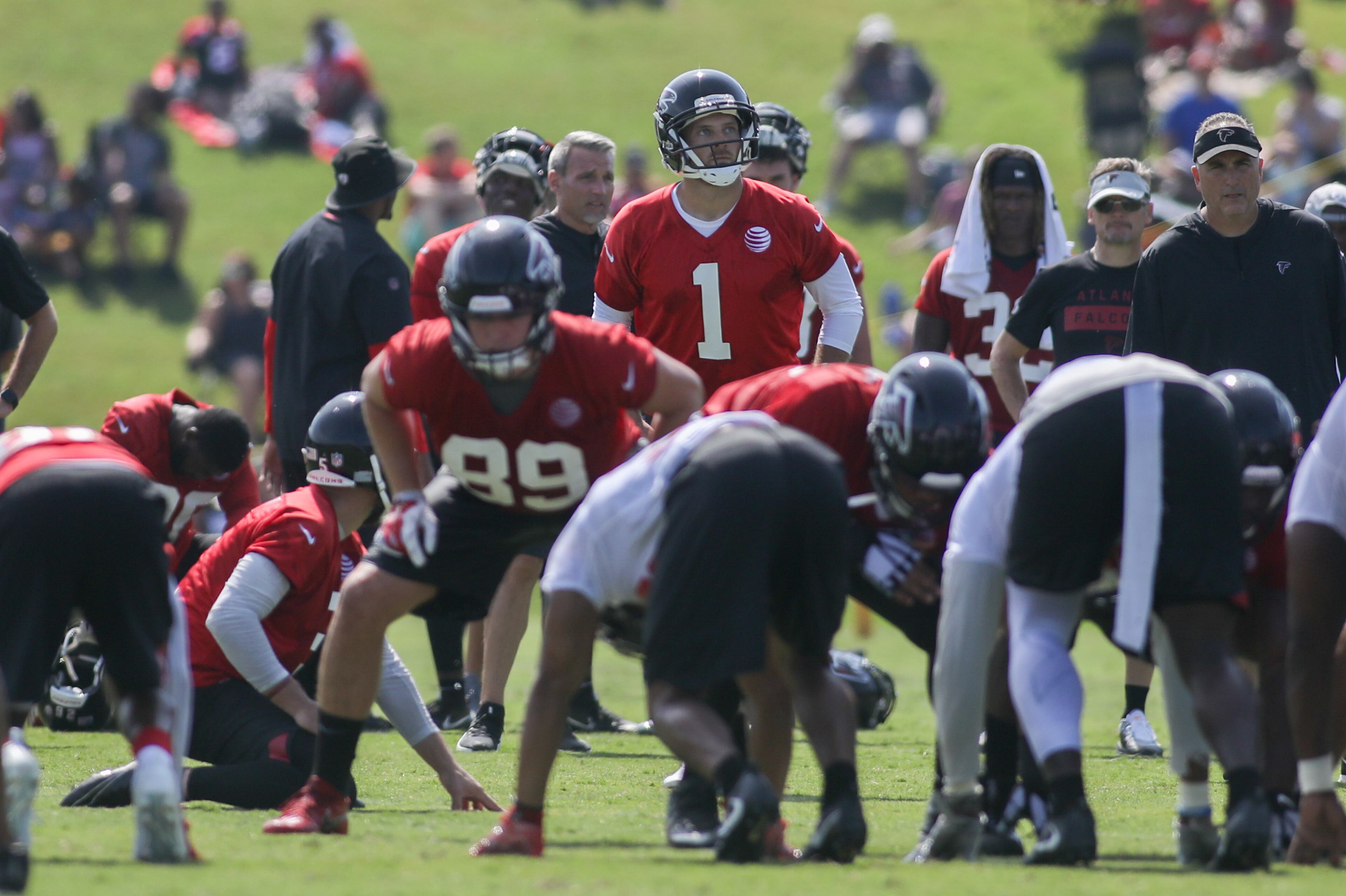 Kicker David Marvin (1) looks before kicking a field goal during training camp, Saturday, July 28, 2018, in Flowery Branch, Ga. BRANDEN CAMP/SPECIAL