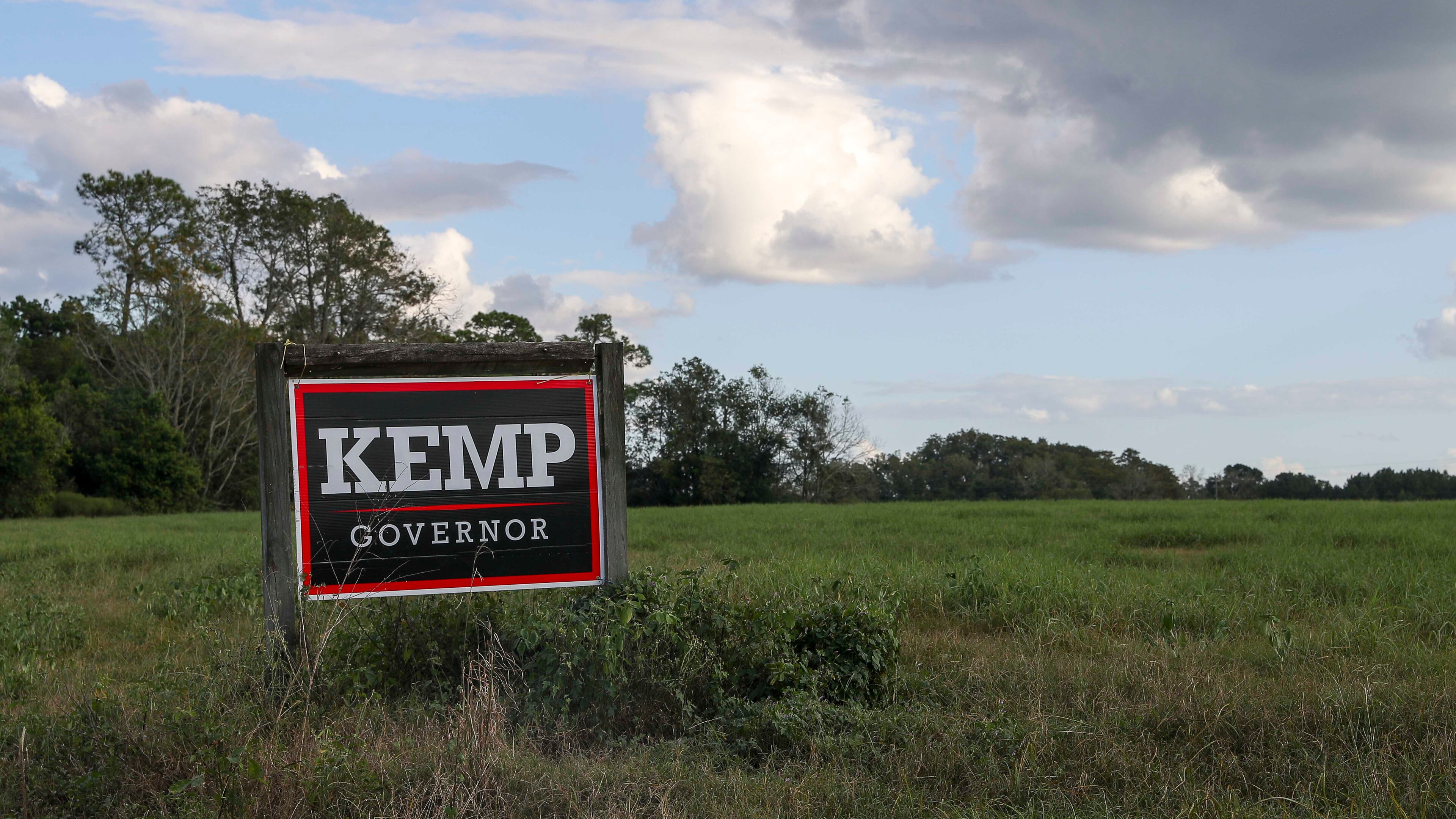 A Brian Kemp campaign sign is displayed along State Road 84 in Quitman, Ga. ALYSSA POINTER/ALYSSA.POINTER@AJC.COM