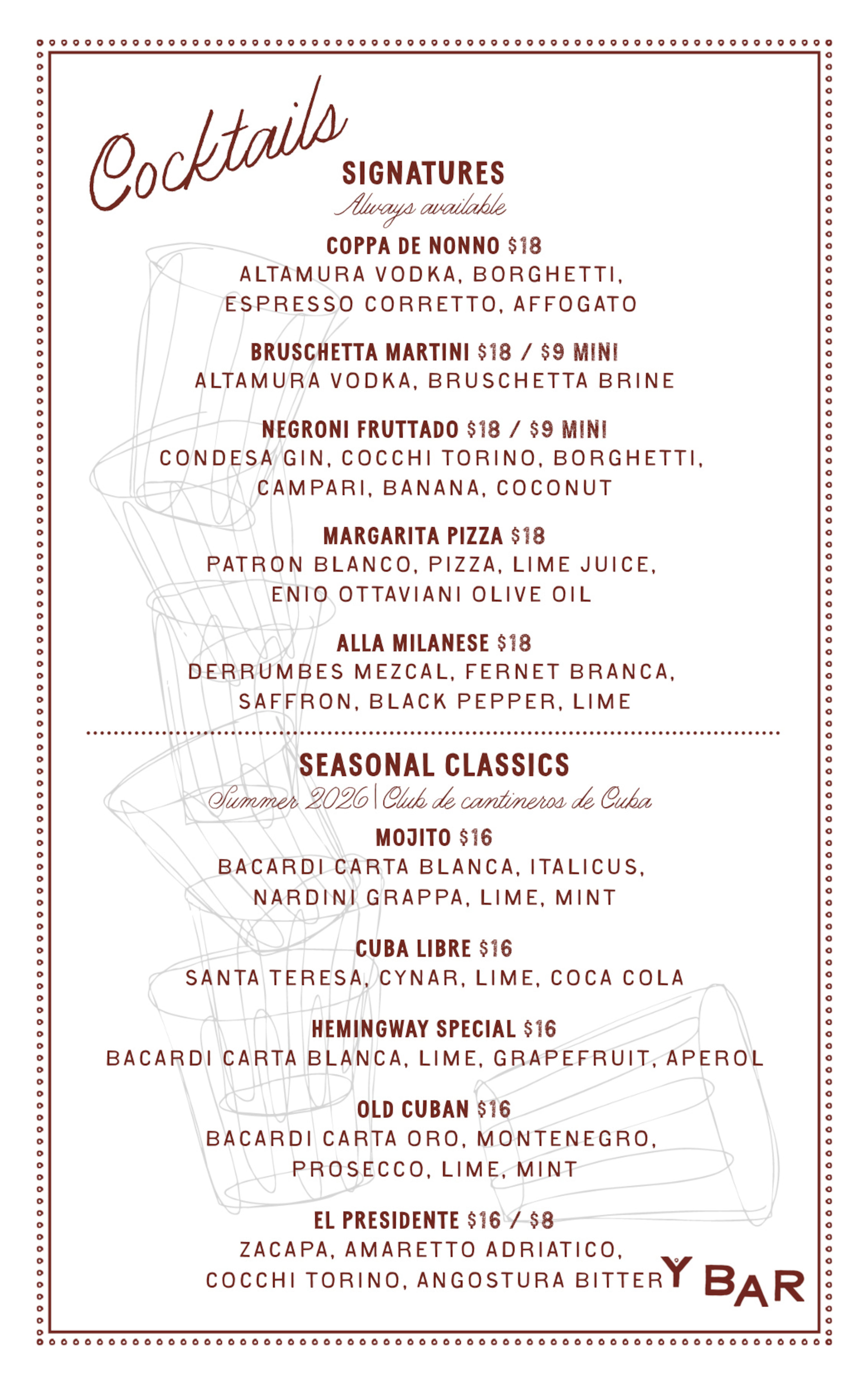 See the cocktail menu for Y Bar e Ristorante in Buckhead Village. (Courtesy of Y Bar e Ristorante)