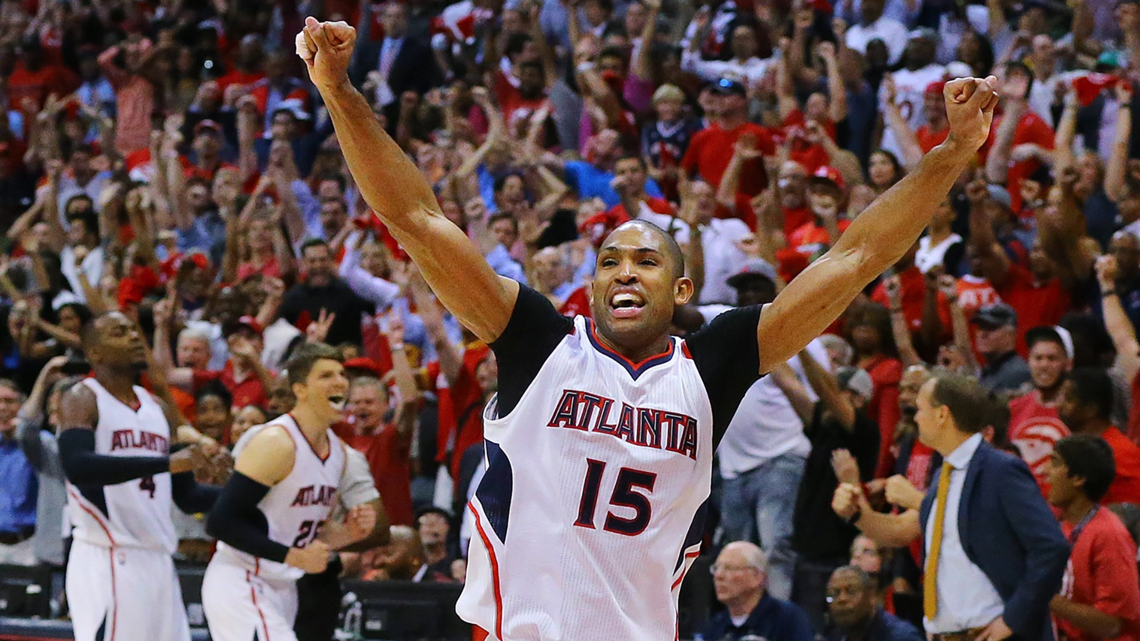 : Hawks center Al Horford reacts after hitting the game winning shot to beat the Wizards 82-81 in their Eastern Conference Semifinals game 5 on Tuesday, May 13, 2015, in Atlanta. Curtis Compton / ccompton@ajc.com