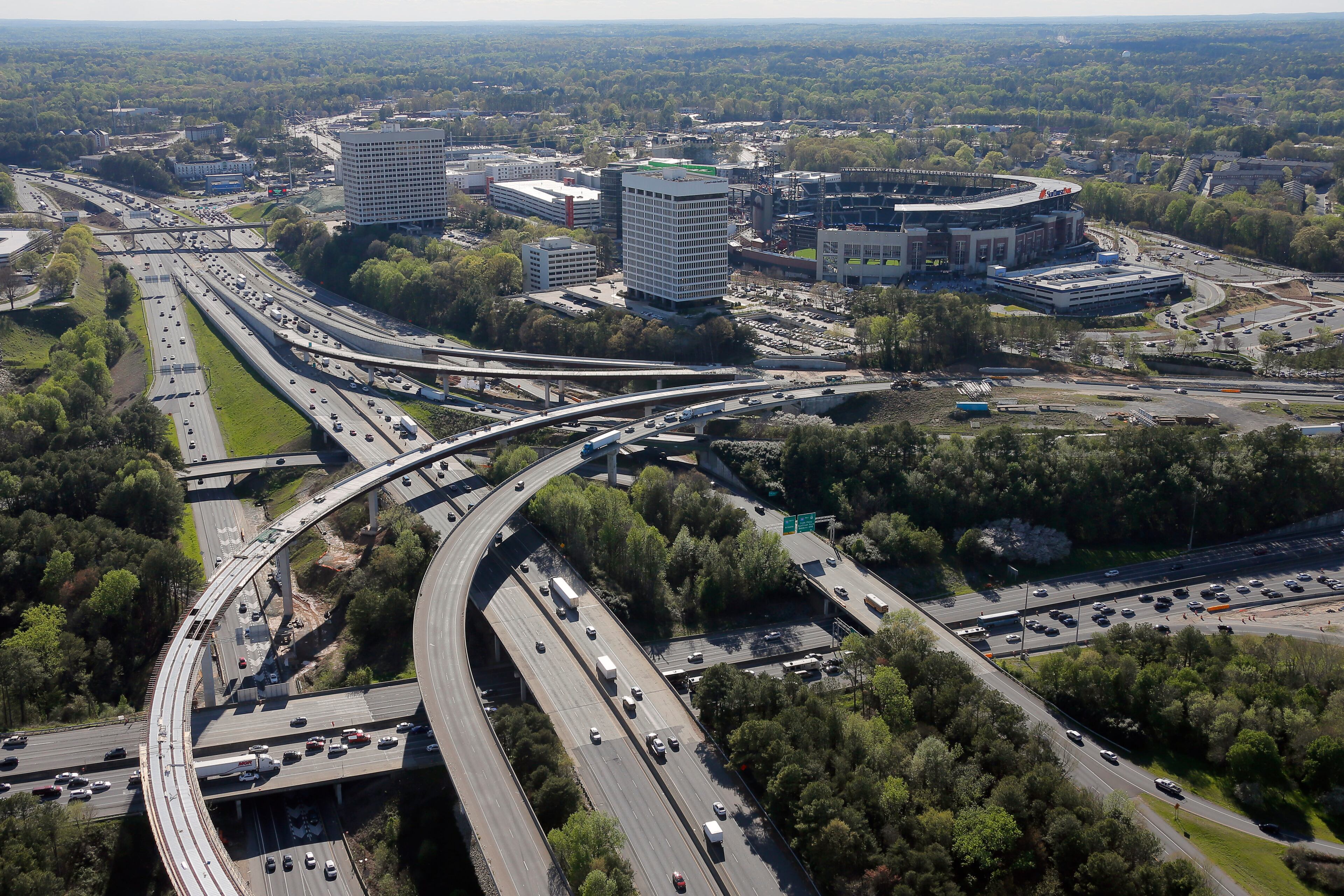 Mar. 31, 2017 - Atlanta - View of SunTrust Park is looking west with I-75 left to right and I-285 top to bottom. The Braves open their new stadium the day after a massive fire destroyed a section of I-85 in downtown Atlanta. BOB ANDRES /BANDRES@AJC.COM