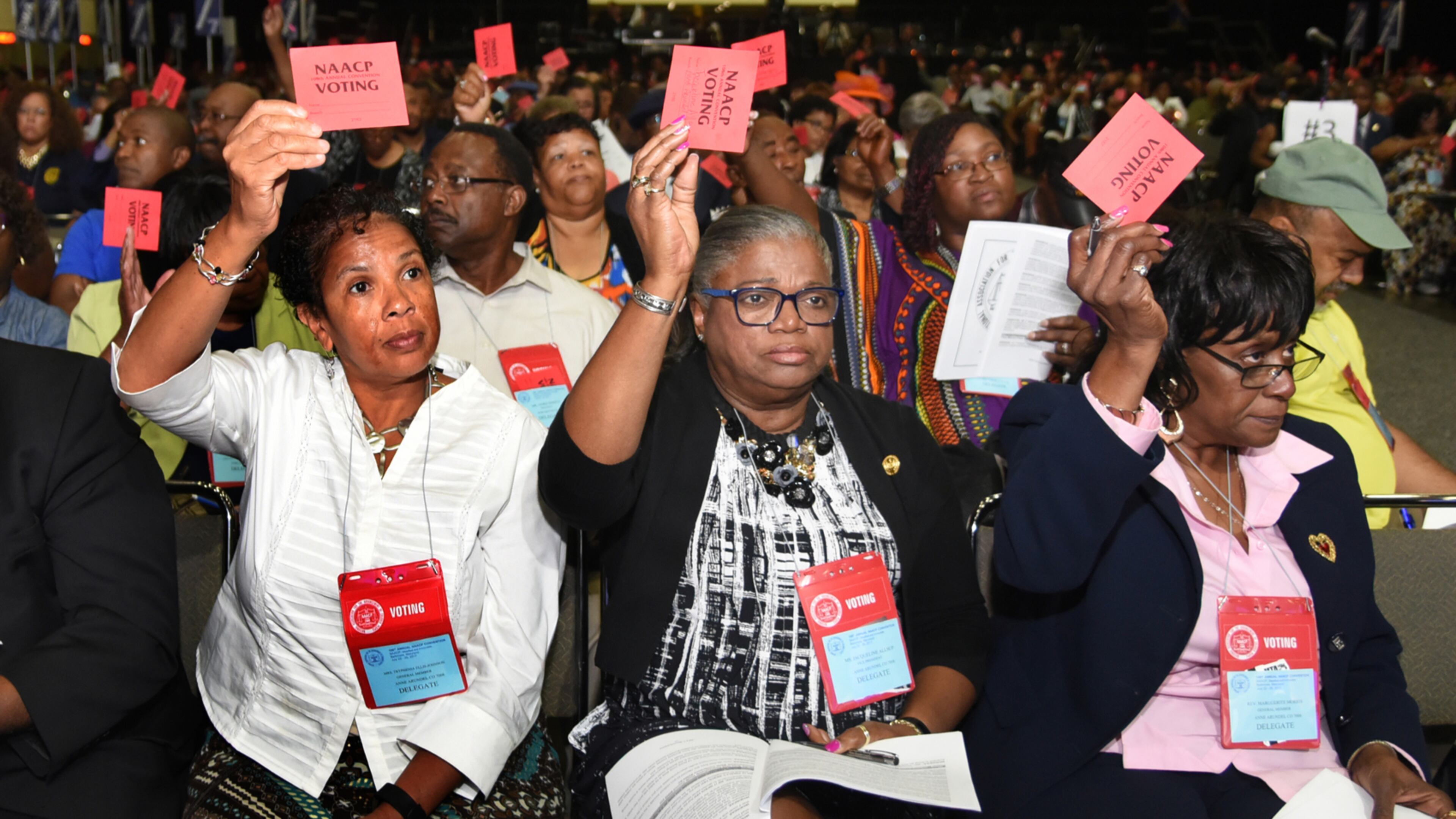 Maryland delegates voting on resolutions at the NAACP National Convention from Anne Arundel County are from left, Tryphenia Ellis-Johnson, general member; Jacqueline Allsup, vice president, and Rev. Marguerite Morris, general member. (Algerina Perna/Baltimore Sun/TNS)