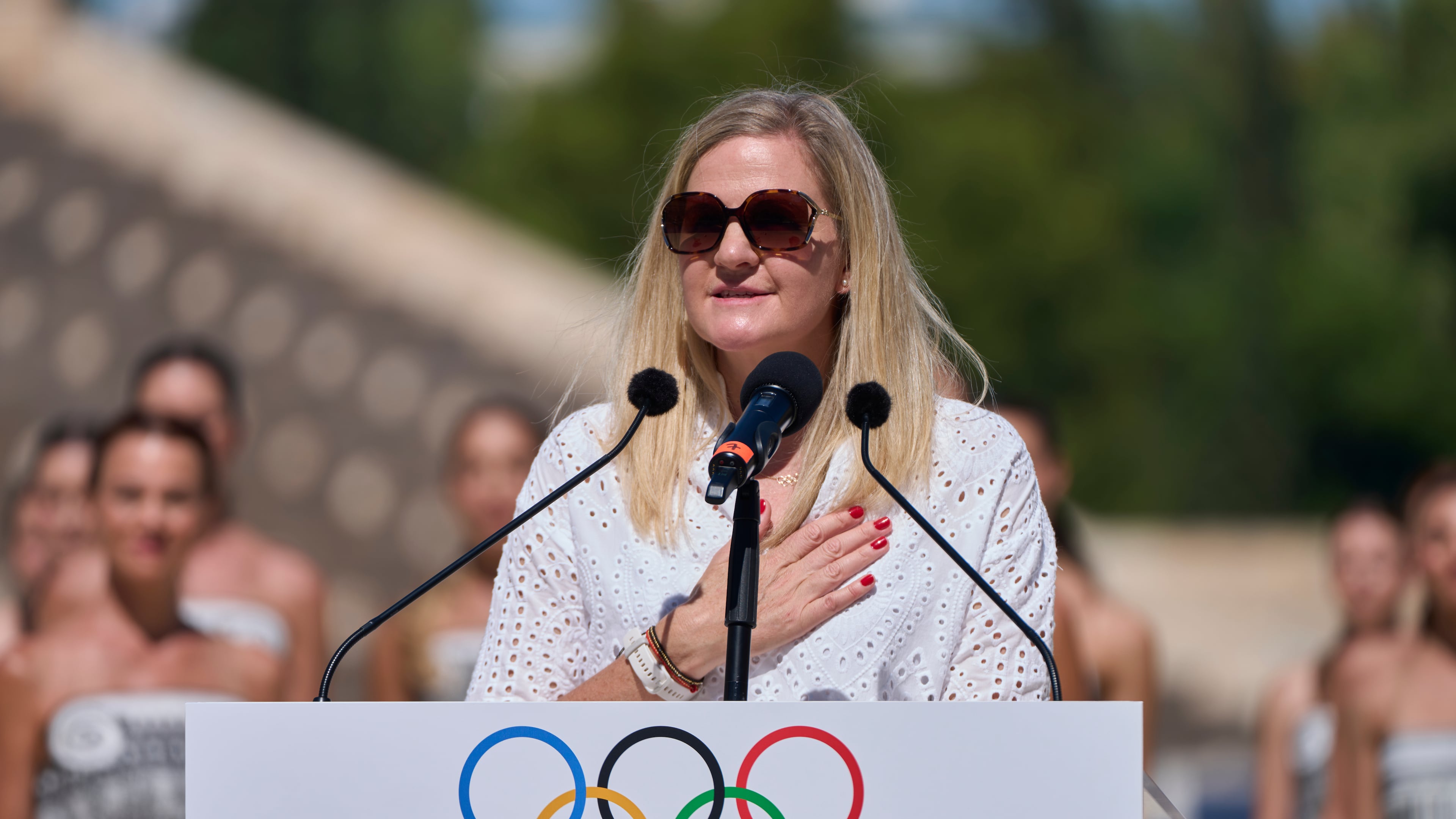 International Olympic Committee President Kirsty Coventry speaks during the Dakar 2026 Youth Olympic Games flame handover ceremony at Panathenaic stadium, in Athens, Greece, on Thursday, Sept. 10, 2026. (AP Photo/Petros Giannakouris)