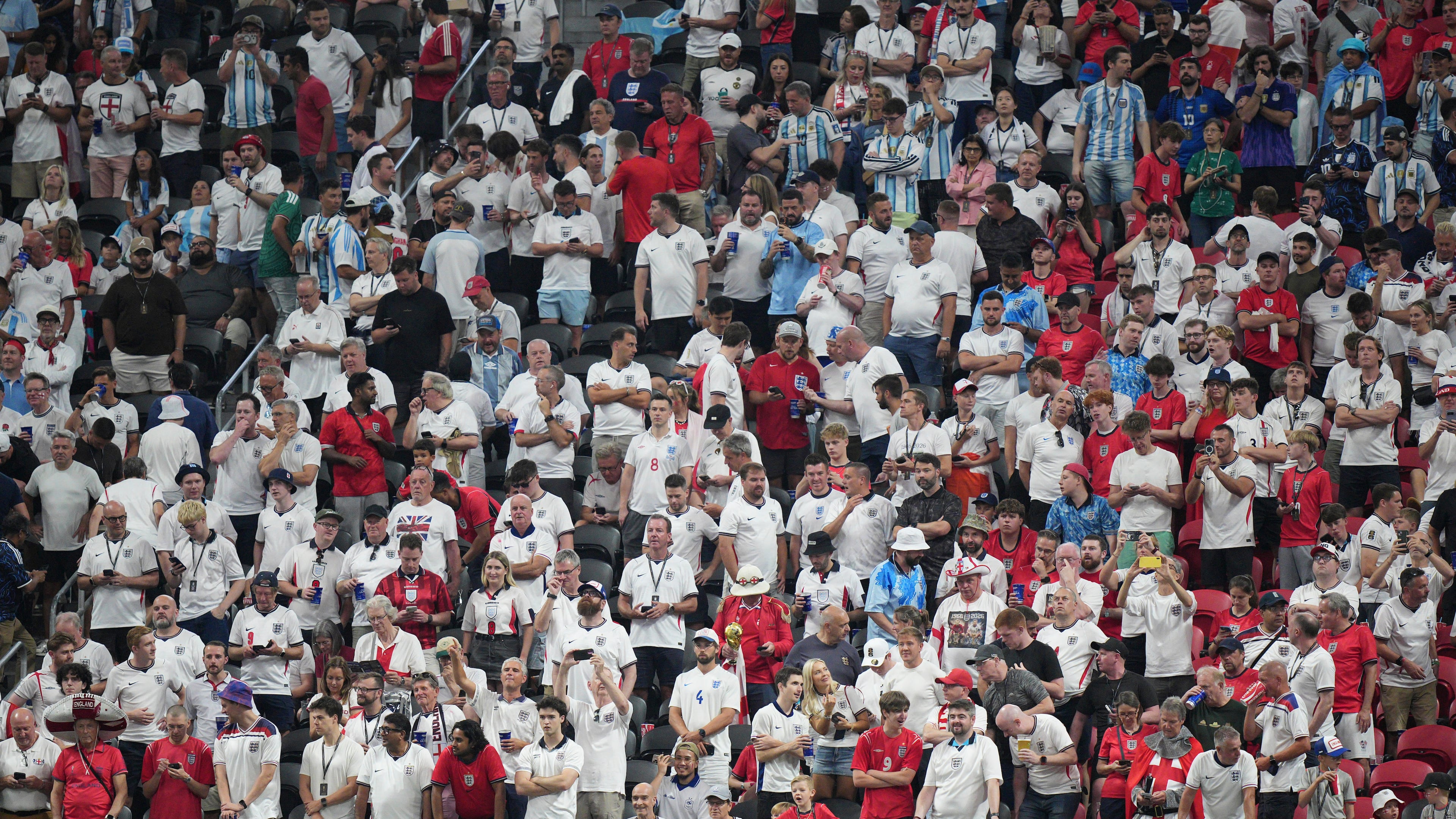 England supporters fill the stands before the start of the World Cup semifinal soccer match between England and Argentina in Atlanta, Wednesday, July 15, 2026. (AP Photo/Jacob Kupferman)