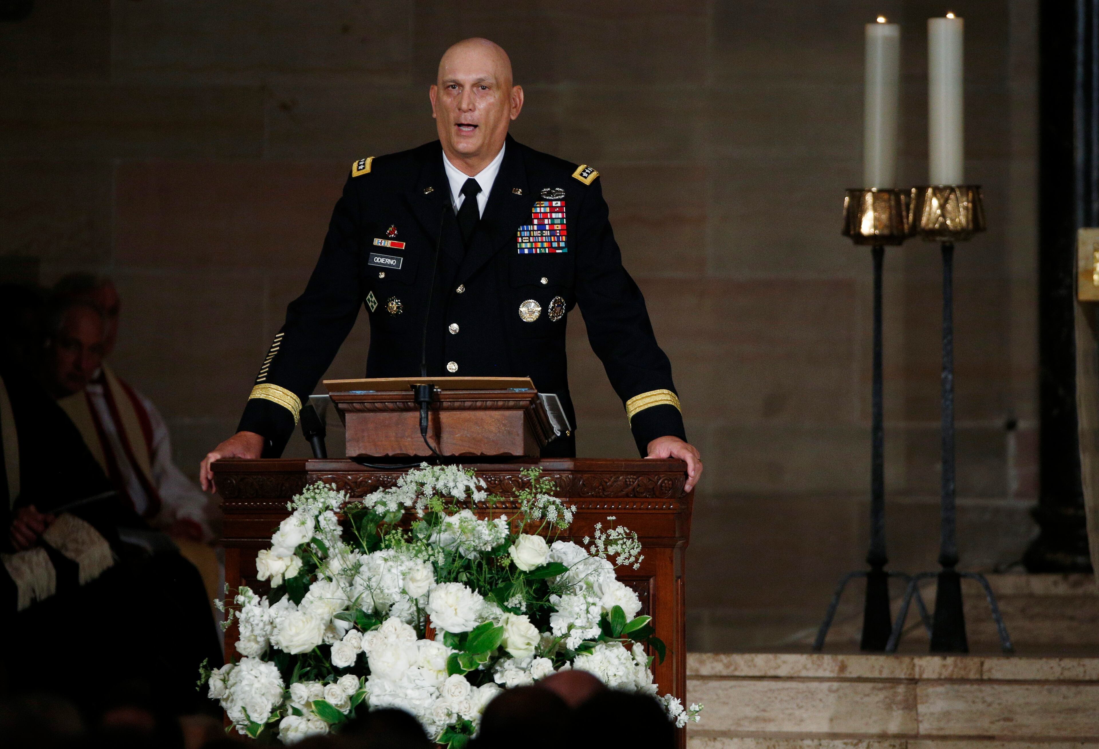 Army Chief of Staff Ray Odierno speaks during funeral services for Vice President Joe Biden's son, Beau Biden, Saturday, June 6, 2015, at St. Anthony of Padua Church in Wilmington, Del. Biden, Vice President Joe Biden's eldest son, died at the age of 46 after a battle with brain cancer. (Kevin Lamarque/Pool Photo via AP)
