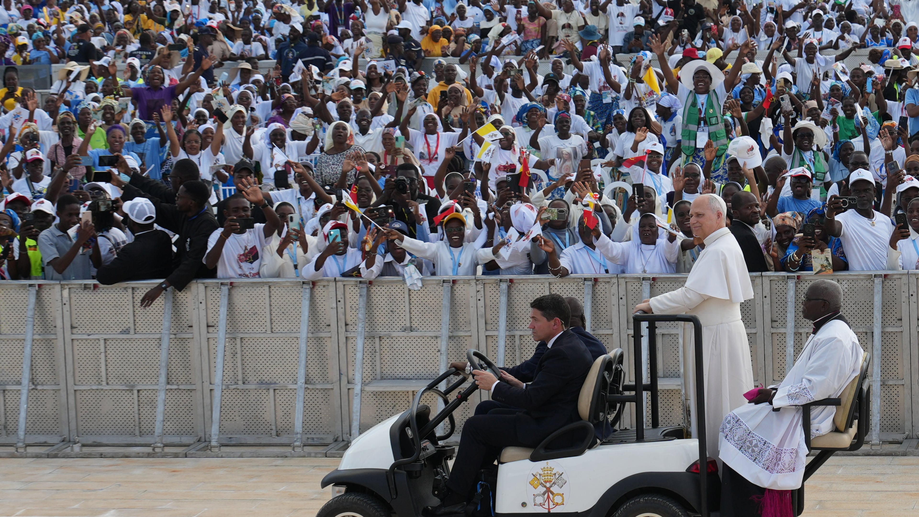 Pope Leo XIV arrives at the esplanade in front of the Sanctuary of Mama Muxima, in Muxima, Angola, Sunday, April 19, 2026. (AP Photo/Andrew Medichini)