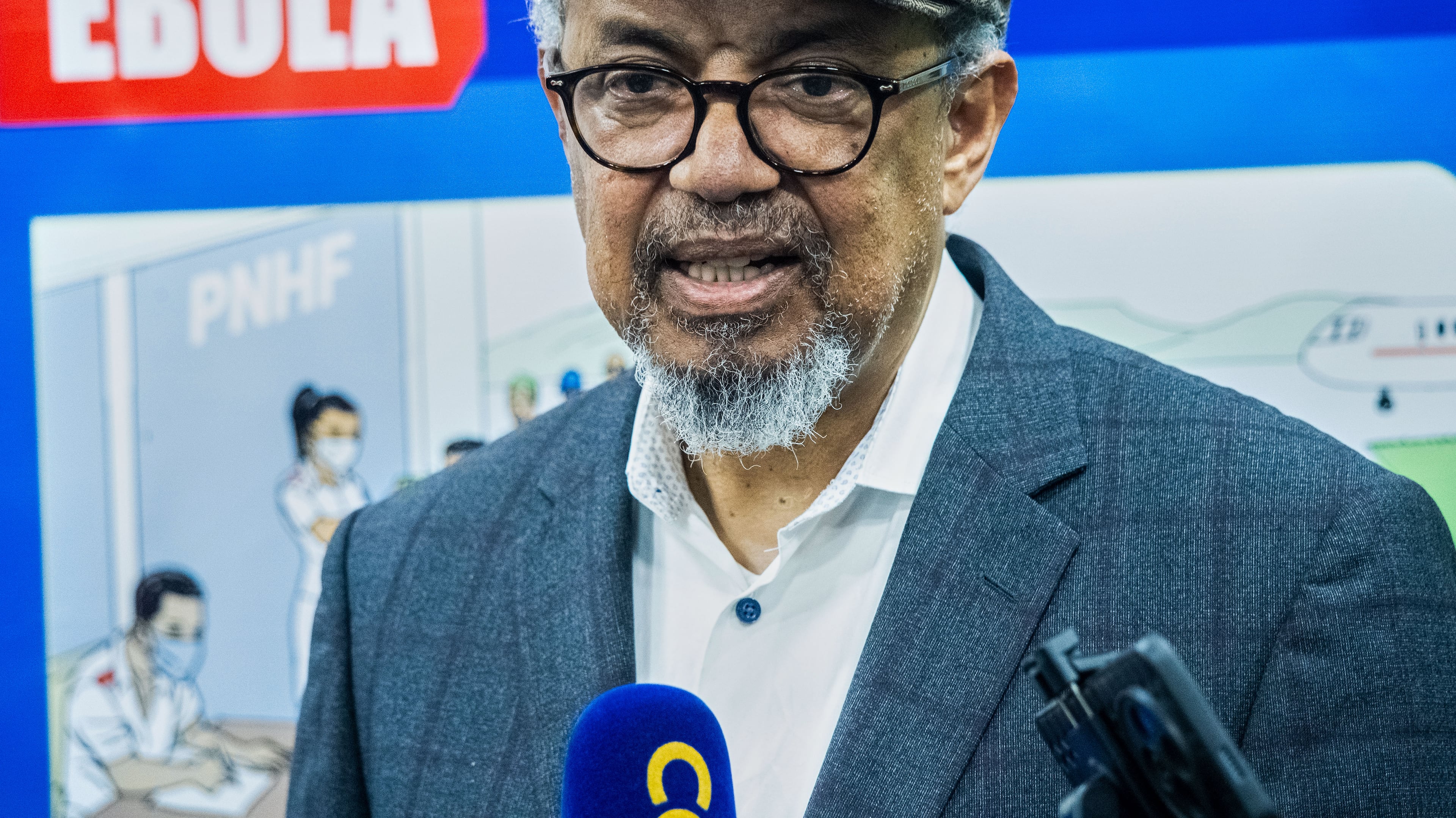 Director-General of the World Health Organisation (WHO), Tedros Adhanom Ghebreyesus, speaks to the media upon his arrival at N'djili International Airport in Kinshasa, Congo, Thursday, May 28, 2026. (AP Photo/Samy Ntumba Shambuyi)