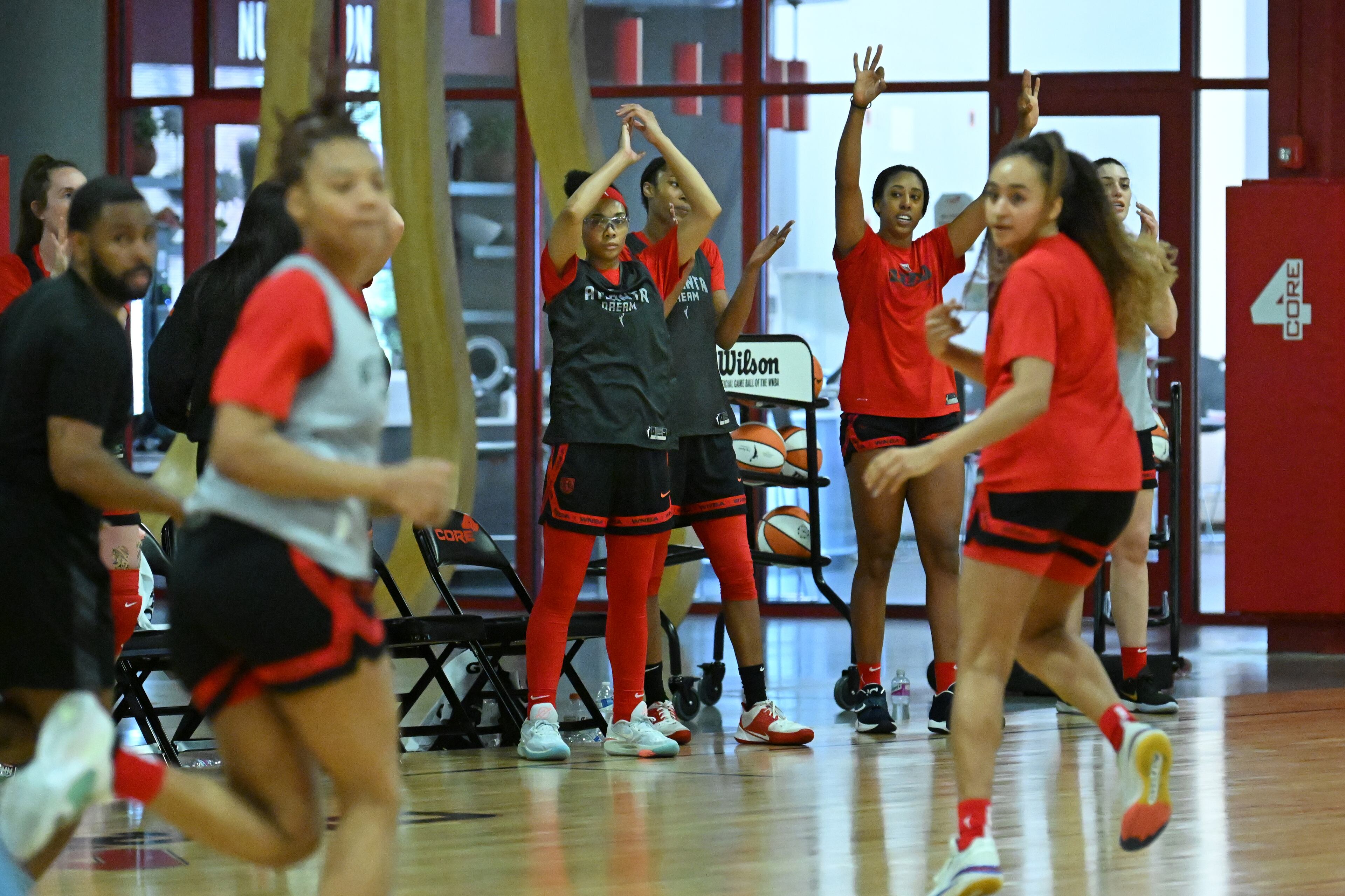 Players cheer for their teammates during Atlanta Dream training camp, Tuesday, May 2, 2023, in Chamblee. (Hyosub Shin / Hyosub.Shin@ajc.com)