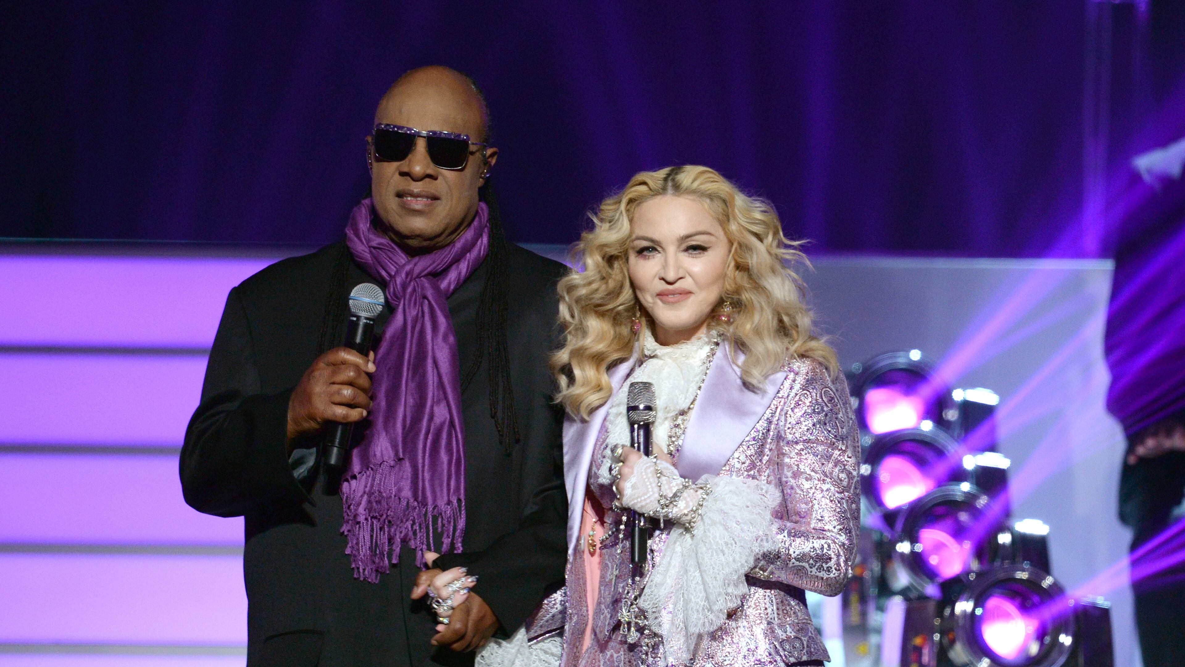 LAS VEGAS, NV - MAY 22: Recording artists Stevie Wonder (L) and Madonna perform a tribute to Prince onstage during the 2016 Billboard Music Awards at T-Mobile Arena on May 22, 2016 in Las Vegas, Nevada. (Photo by Kevin Winter/Getty Images)