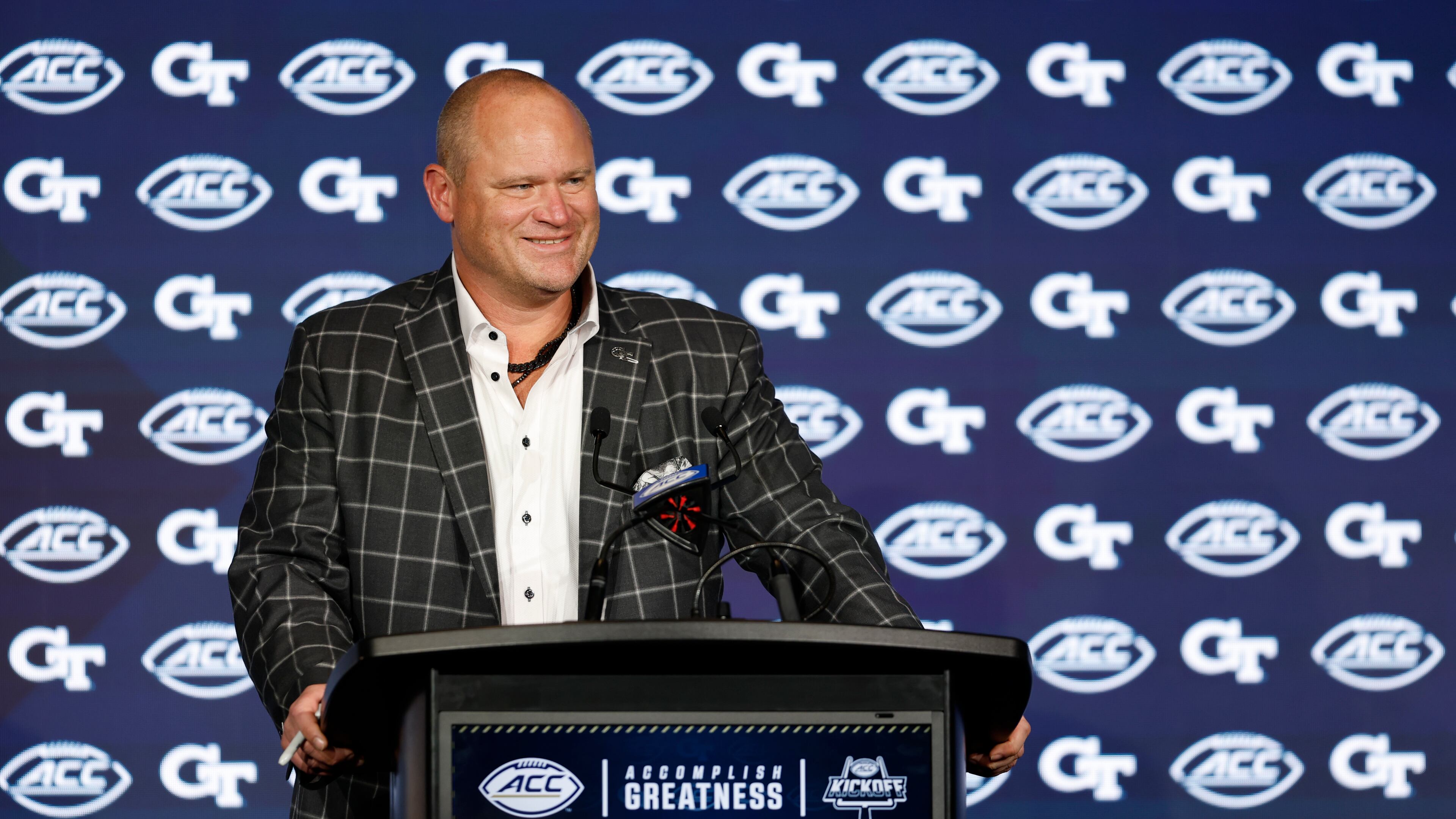 "All we can control is the work we put in, how we prepare, how we build our team and how we play for each other,” Georgia Tech football coach Brent Key told the media Wednesday at the ACC Football Kickoff in Charlotte, North Carolina (Courtesy of Nell Redmond/ACC)