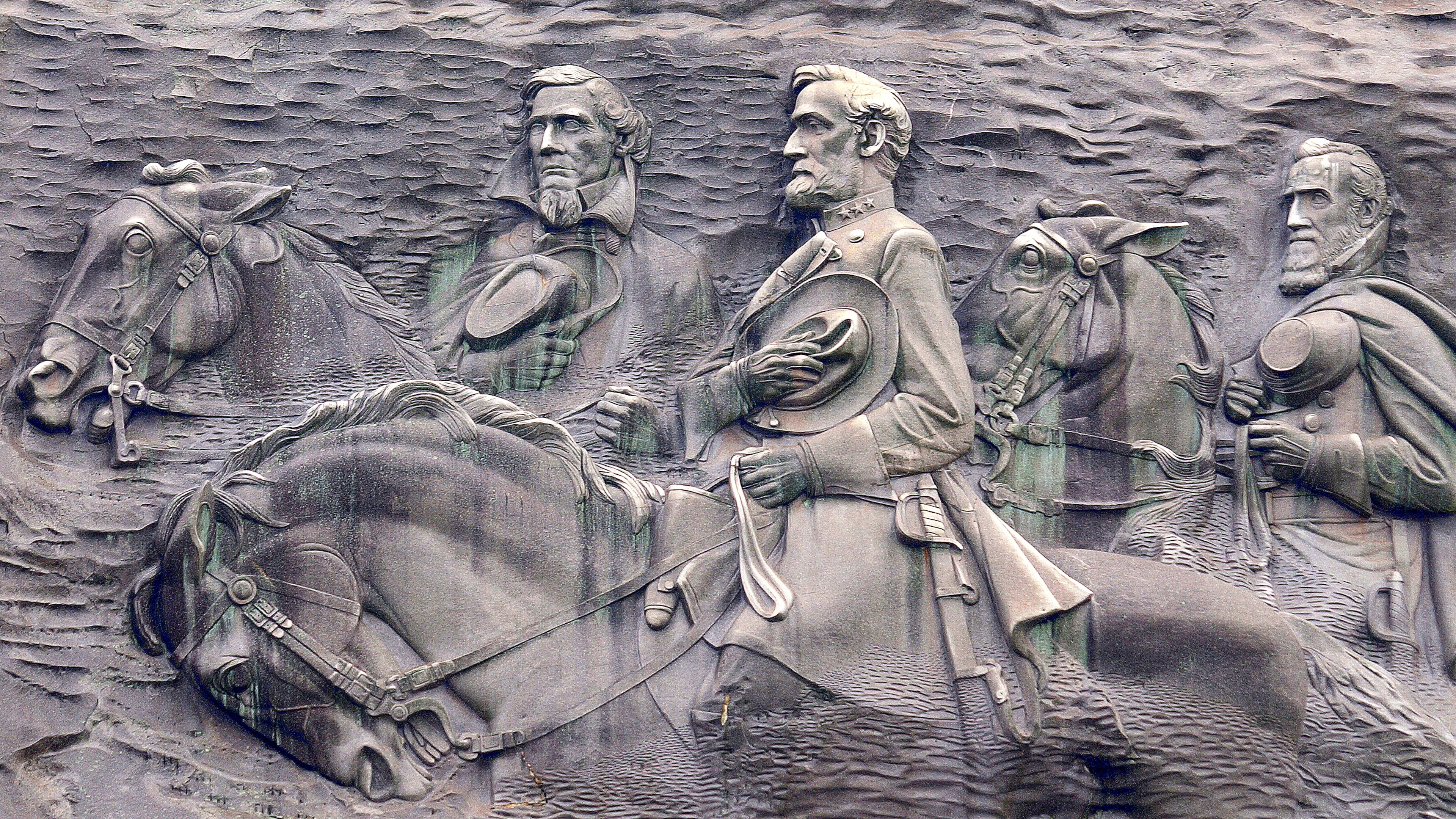 The images carved onto Georgia’s Stone Mountain, including Confederate President Jefferson Davis. Gen. Robert E. Lee and Gen. Stonewall Jackson.