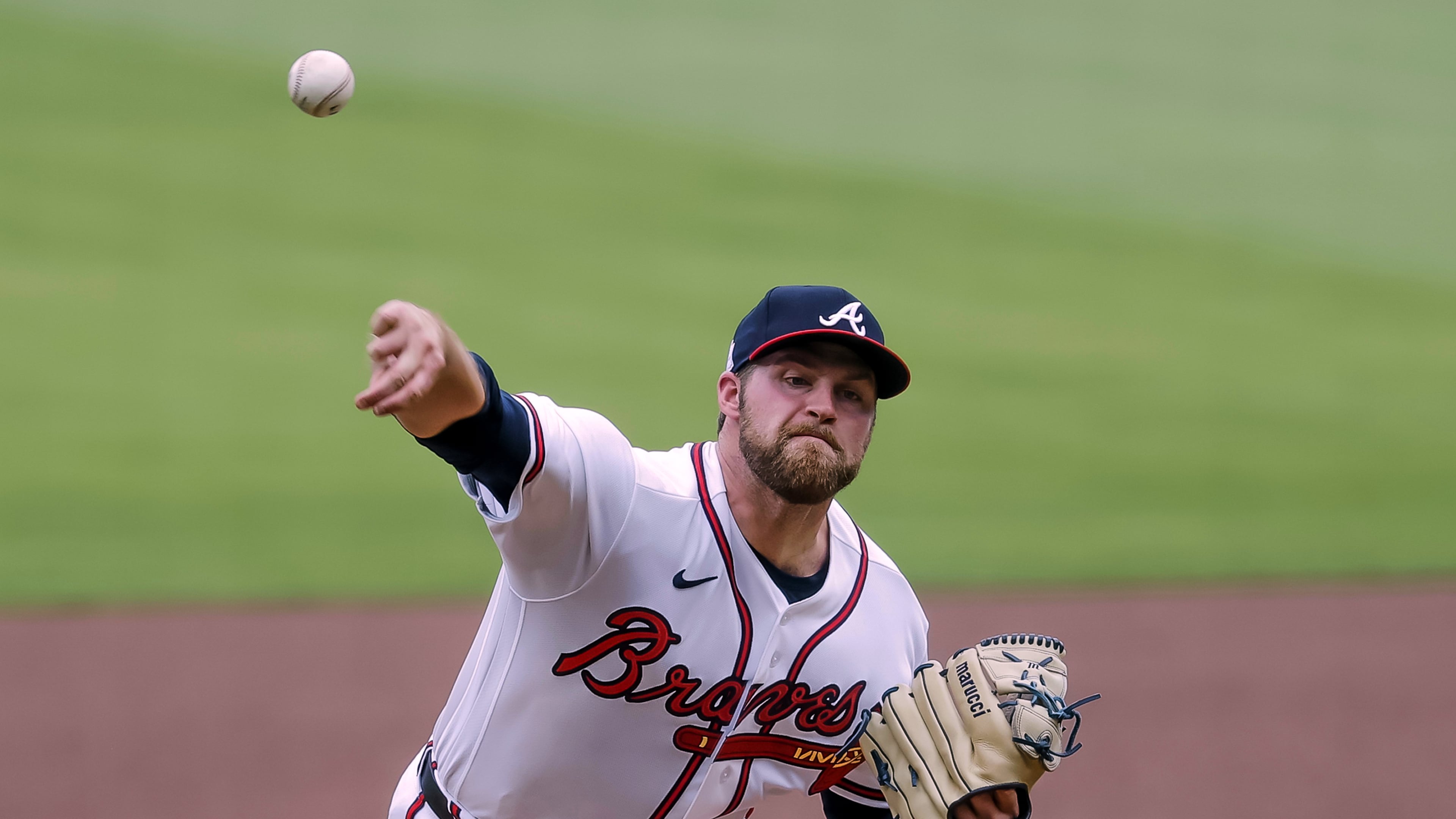 Atlanta Braves pitcher Bryce Elder delivers to a Pittsburgh Pirates batter during the first inning of a baseball game, Sunday, June 7, 2026, in Atlanta. (AP Photo/Erik S. Lesser)