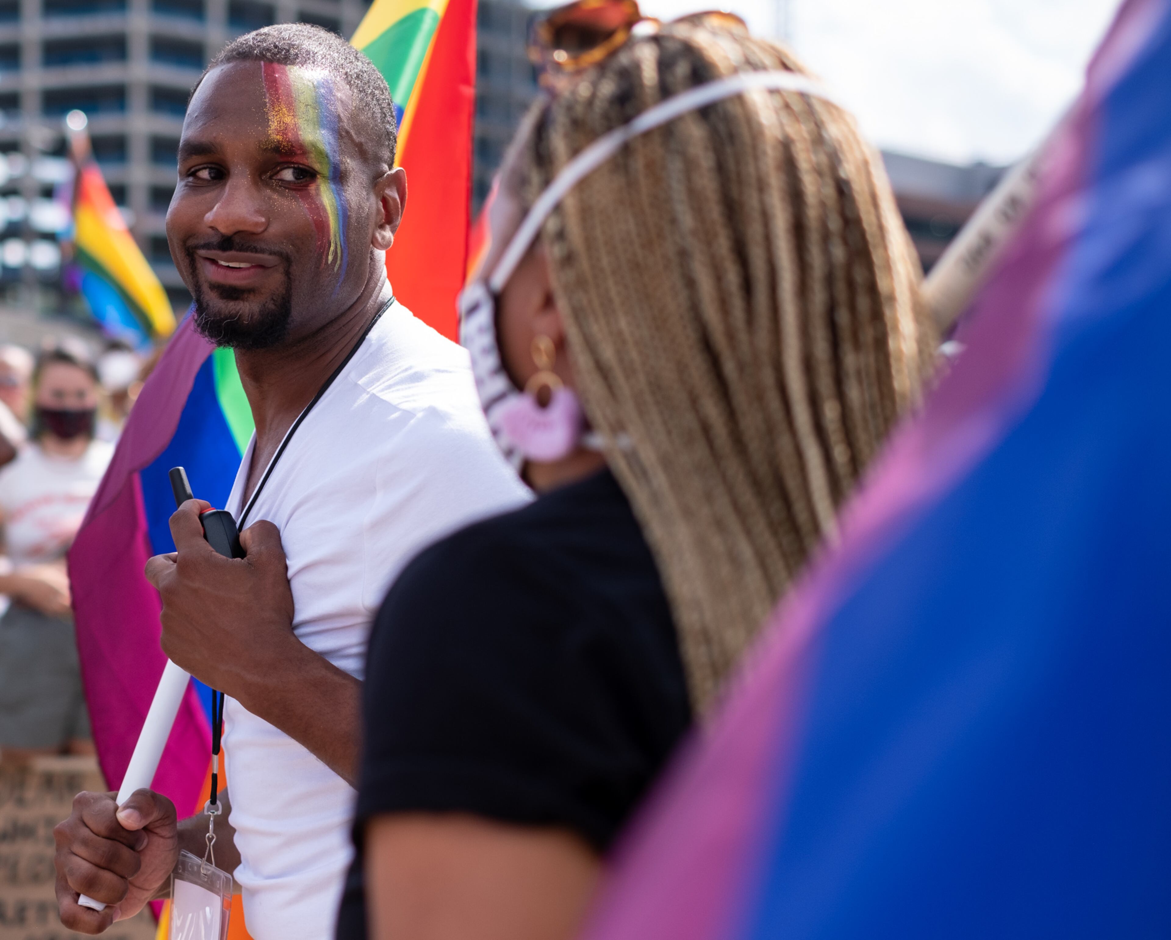 200628-ATLANTA-DeAndre Gates wears a rainbow on his face as he starts the Beauty In Colors Rally and march Sunday afternoon June 28, 2020 in Midtown Atlanta to commemorate the 51th anniversary of the Stonewall riots. Ben Gray for the Atlanta Journal-Constitution
