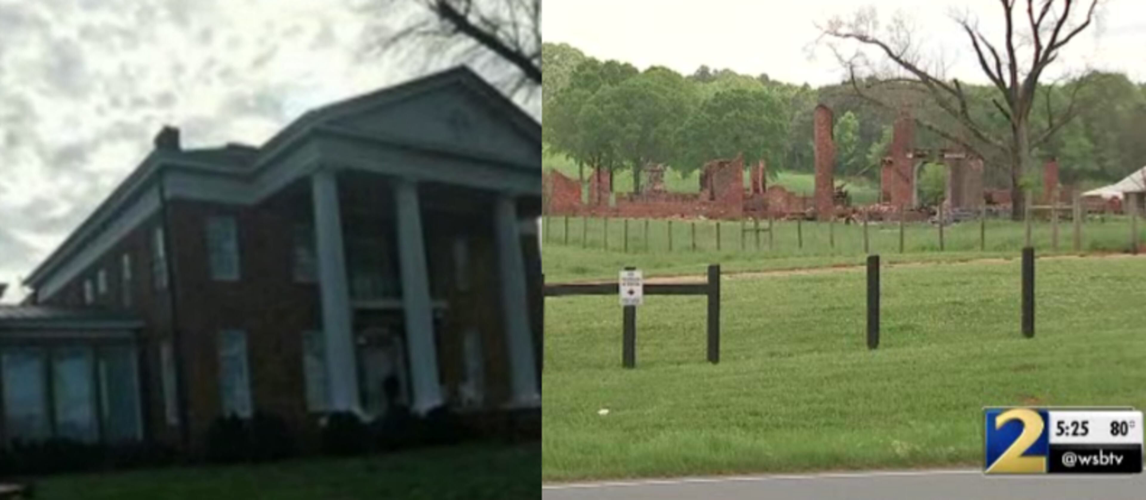 The photo on the left is of the mansion before the February fire. The photo on the right shows what was left after the blaze was extinguished.