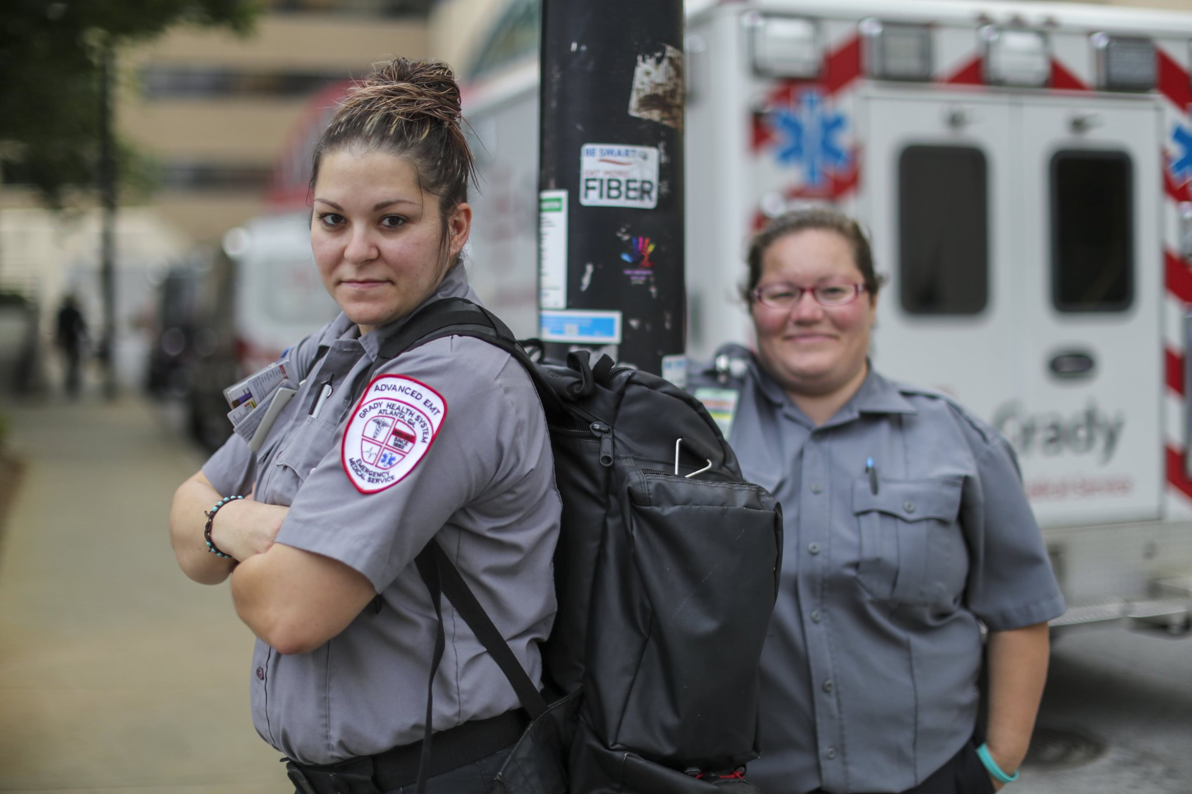 May 19, 2020 Atlanta: Four year - Grady EMS paramedic, Kera Moody (left) and 17-year paramedic, Ashley Rotini (right). Pandemic First Responders: Grady ambulance crew portraits. JOHN SPINK/JSPINK@AJC.COM