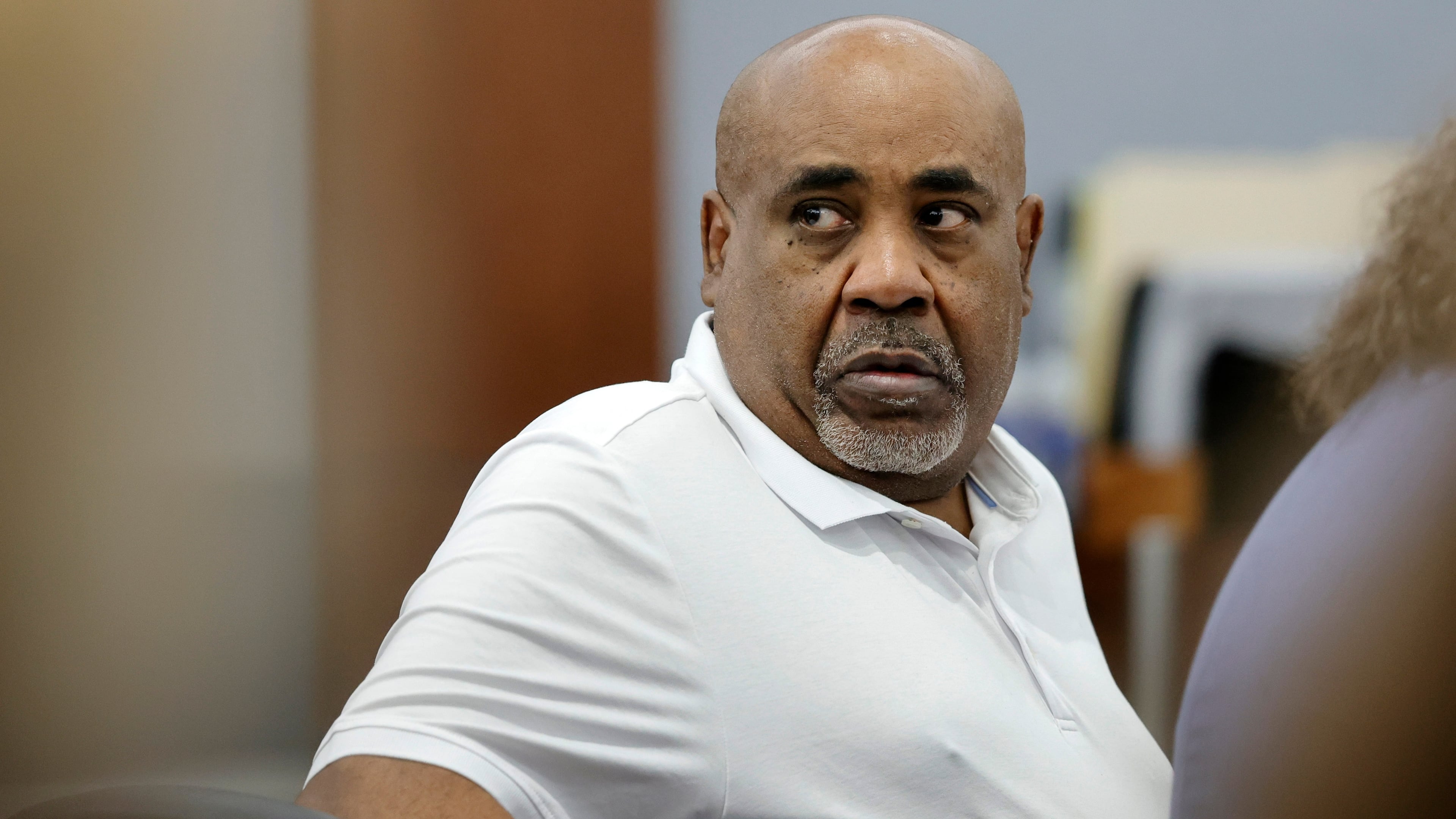 Duane Davis appears in court during the third day of jury selection in his murder trial, related to the 1996 killing of rapper Tupac Shakur, at Clark County District Court Regional Justice Center on Wednesday, Aug. 12, 2026, in Las Vegas. (Steve Marcus/Las Vegas Sun via AP, Pool)